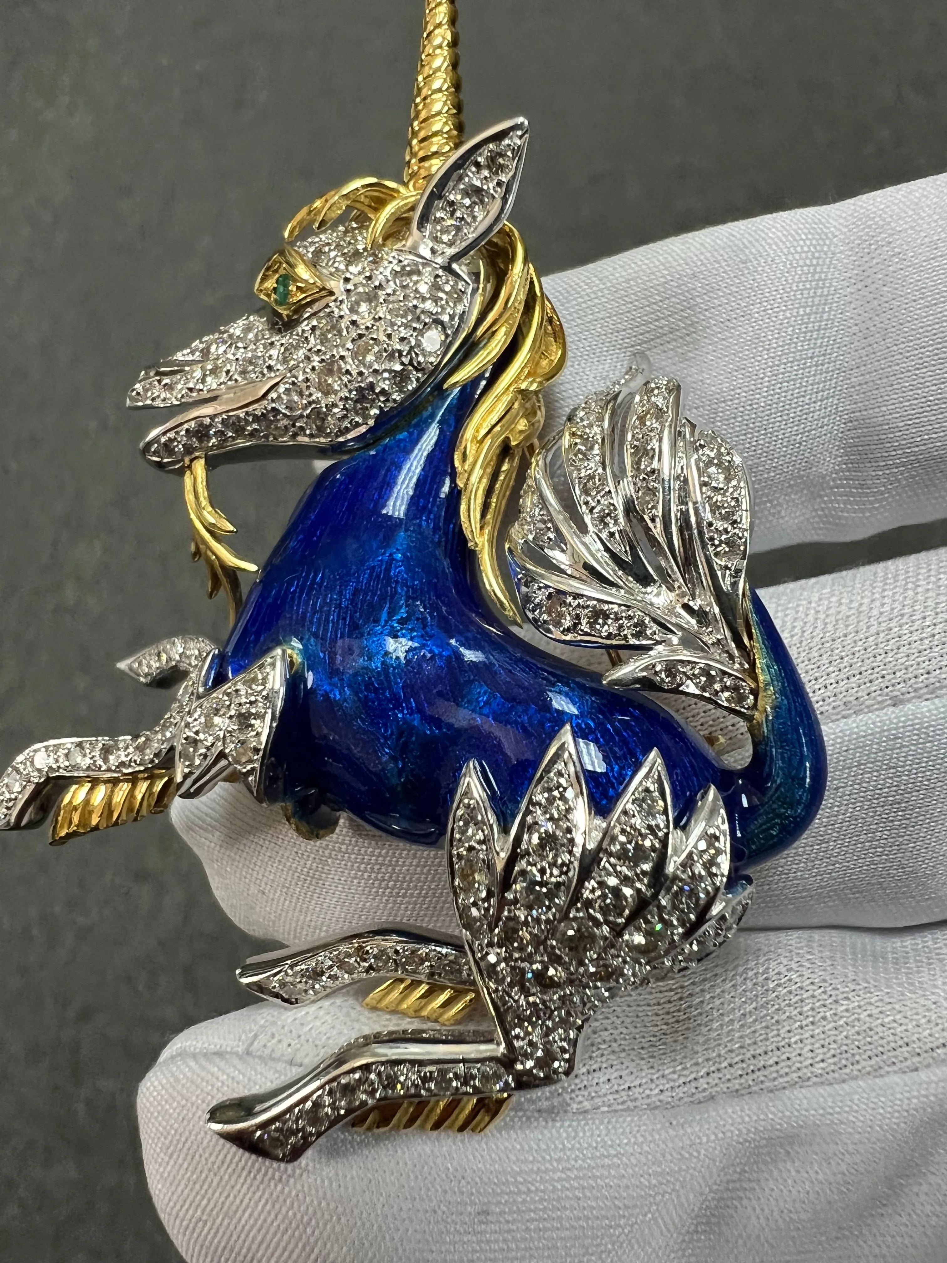 1970s Unicorn Enamel Diamond 18k Yellow Gold Brooch