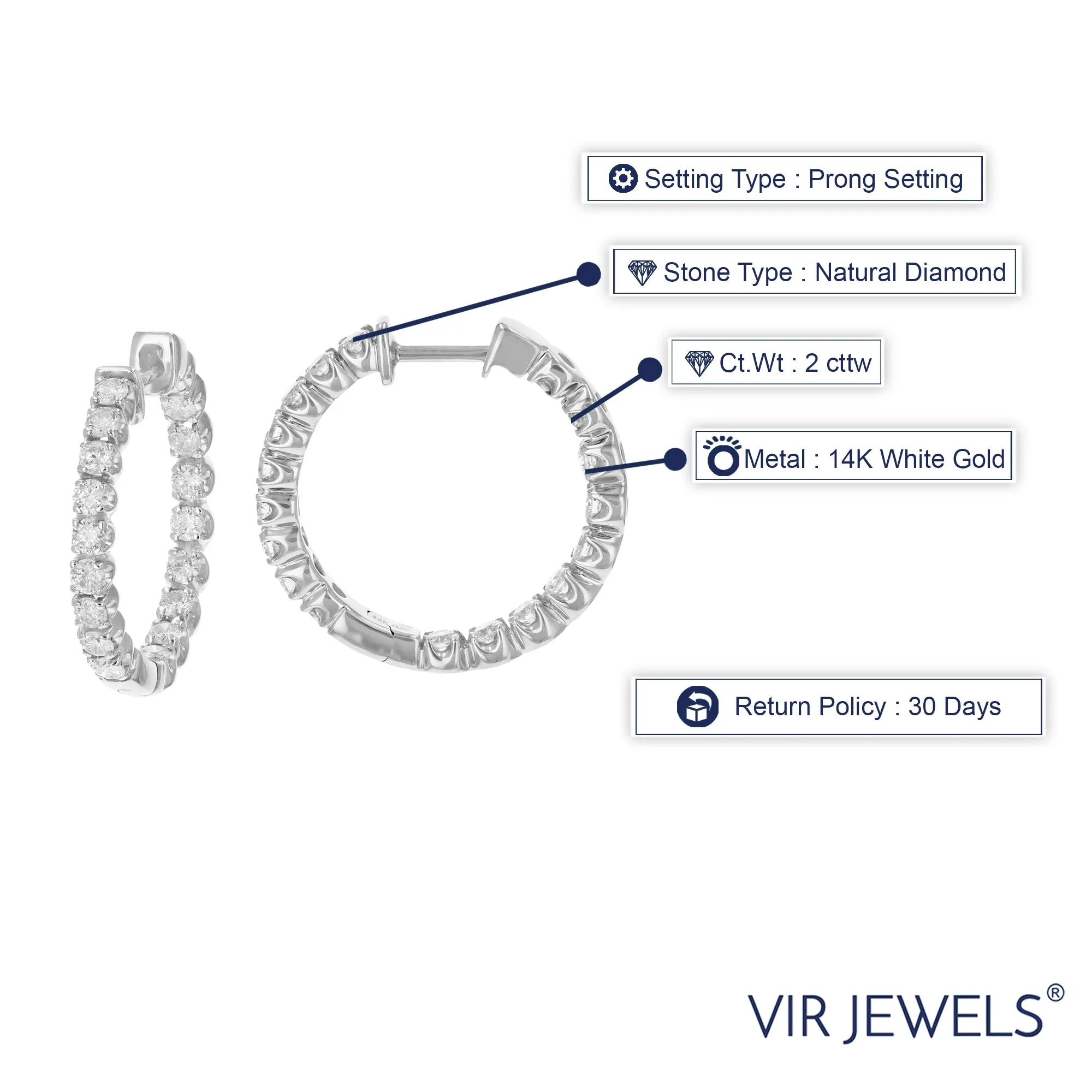 2 cttw Inside Out Diamond Hoop Earrings for Women 14K White Gold