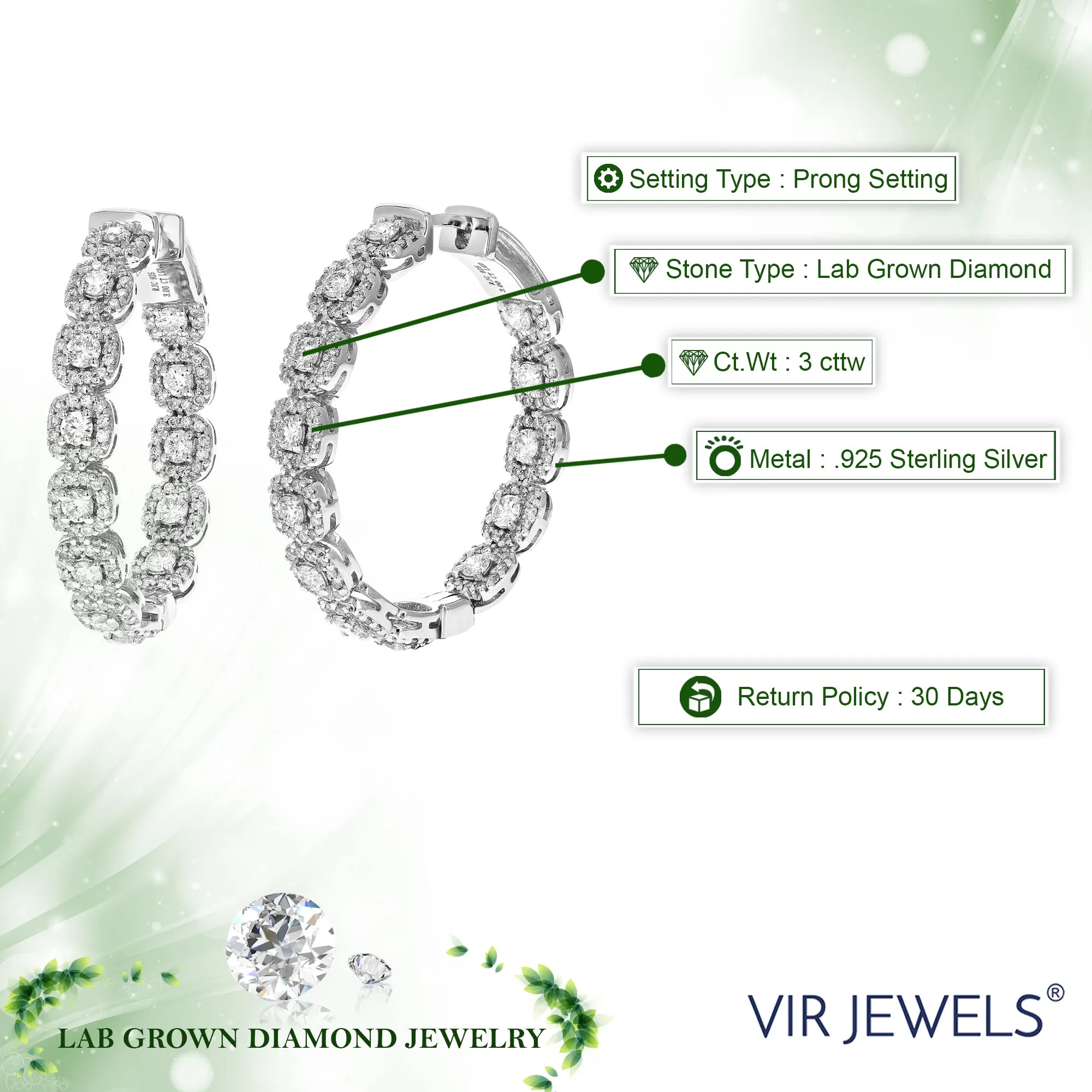 3 cttw Lab Grown Diamond Eternity Hoop Earrings Sterling Silver