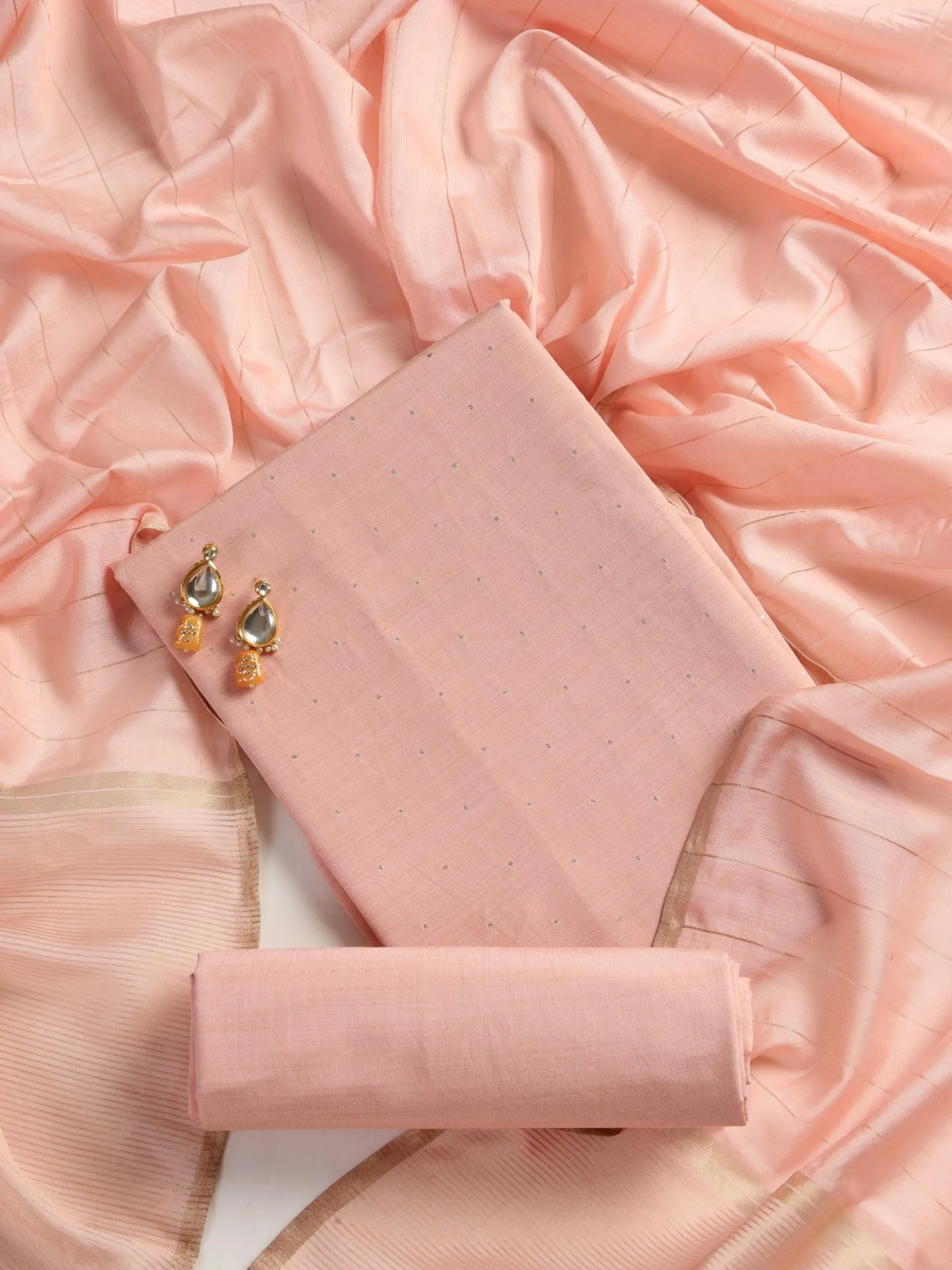 3 pc Unstitched Suit SET - Pink Mukiesh Cotton Silk Kurta with Zari Dupatta and Matching Pyjama