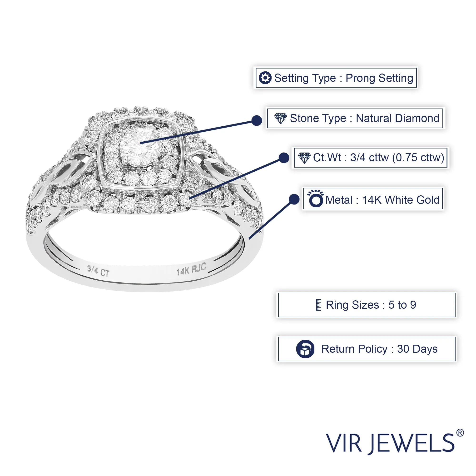 3/4 cttw Vintage Halo Diamond Engagement Ring in 14K White Gold