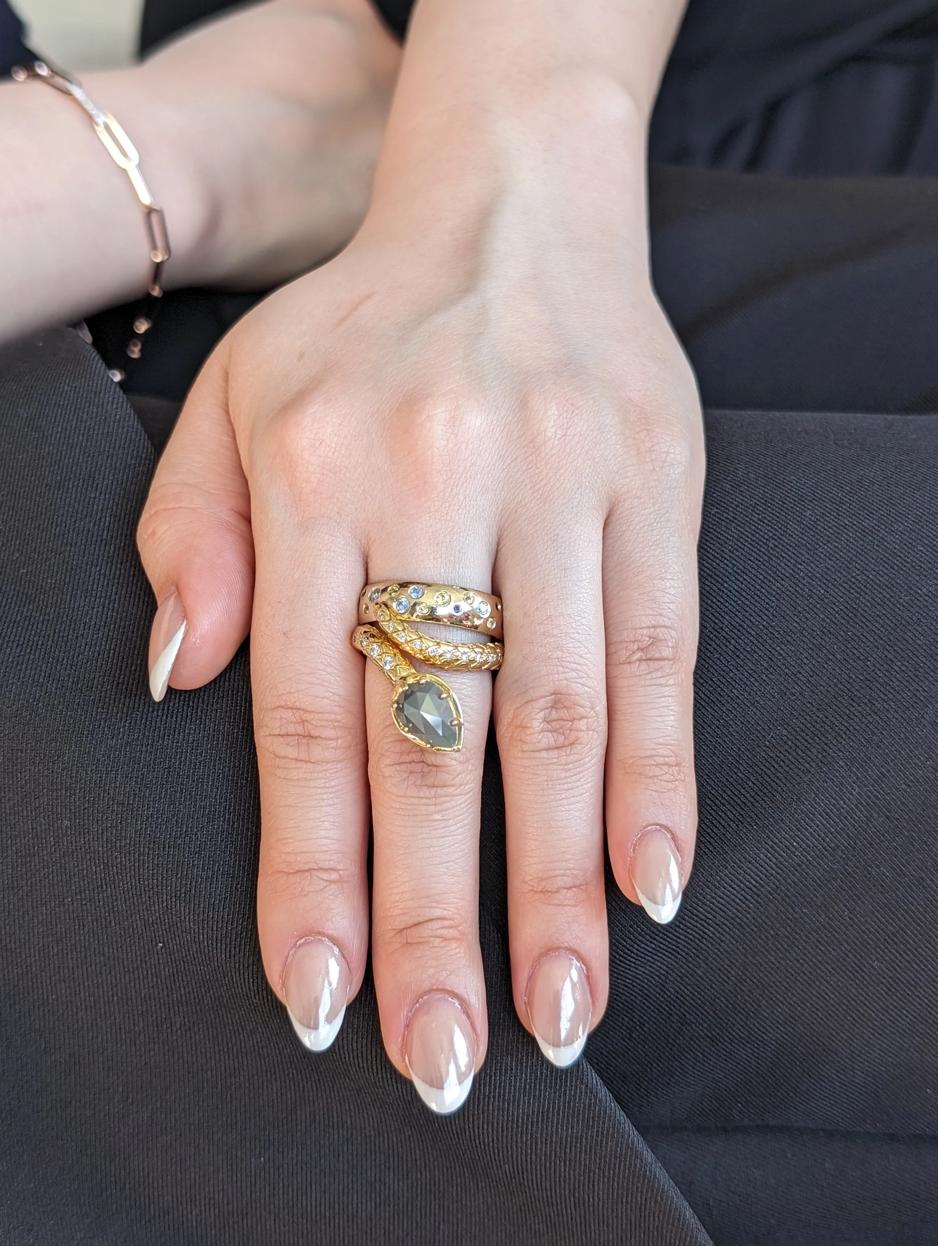 3.45ct Grey & White Diamond Statement Snake Ring set in 18k Yellow Gold