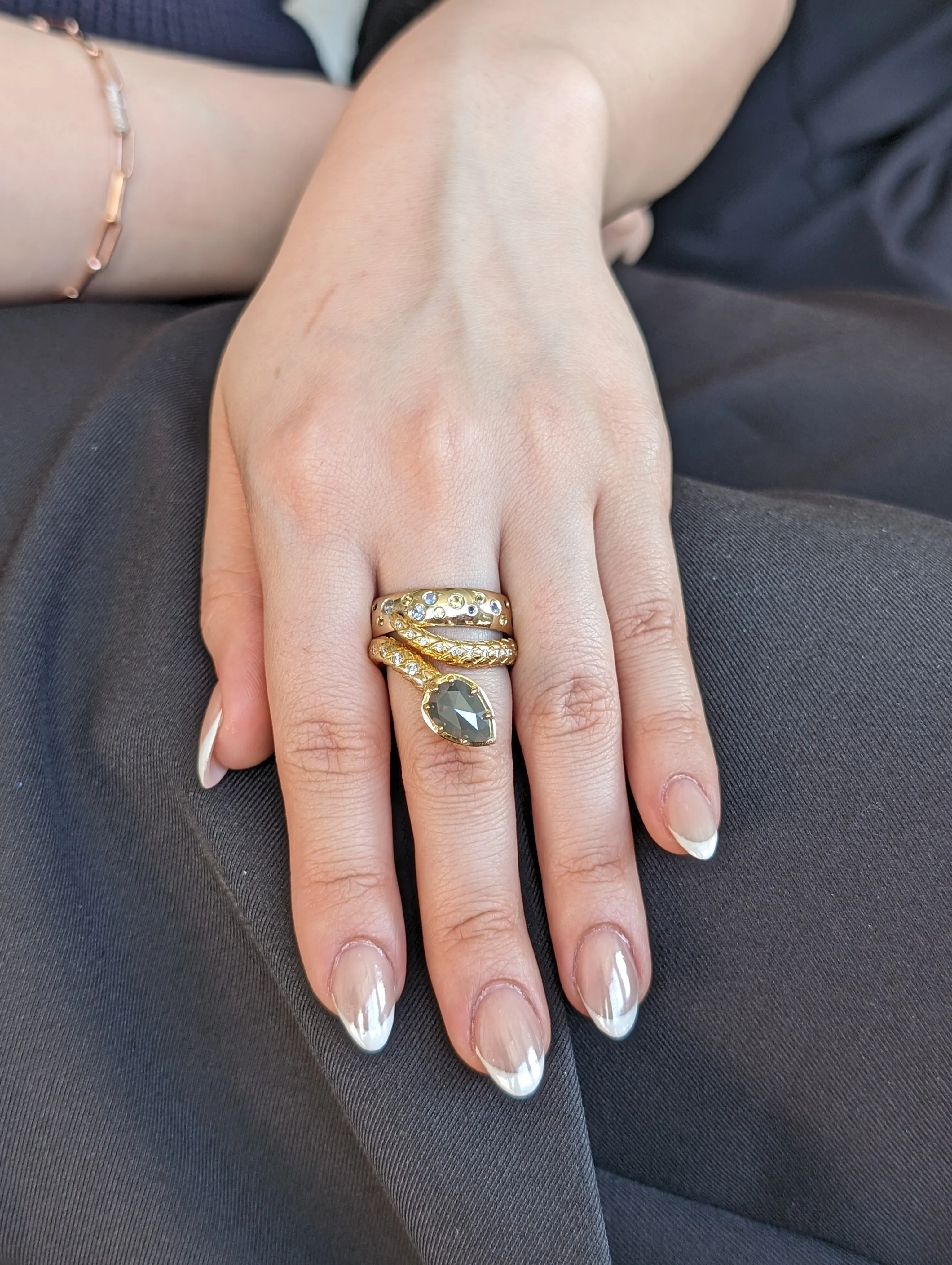 3.45ct Grey & White Diamond Statement Snake Ring set in 18k Yellow Gold