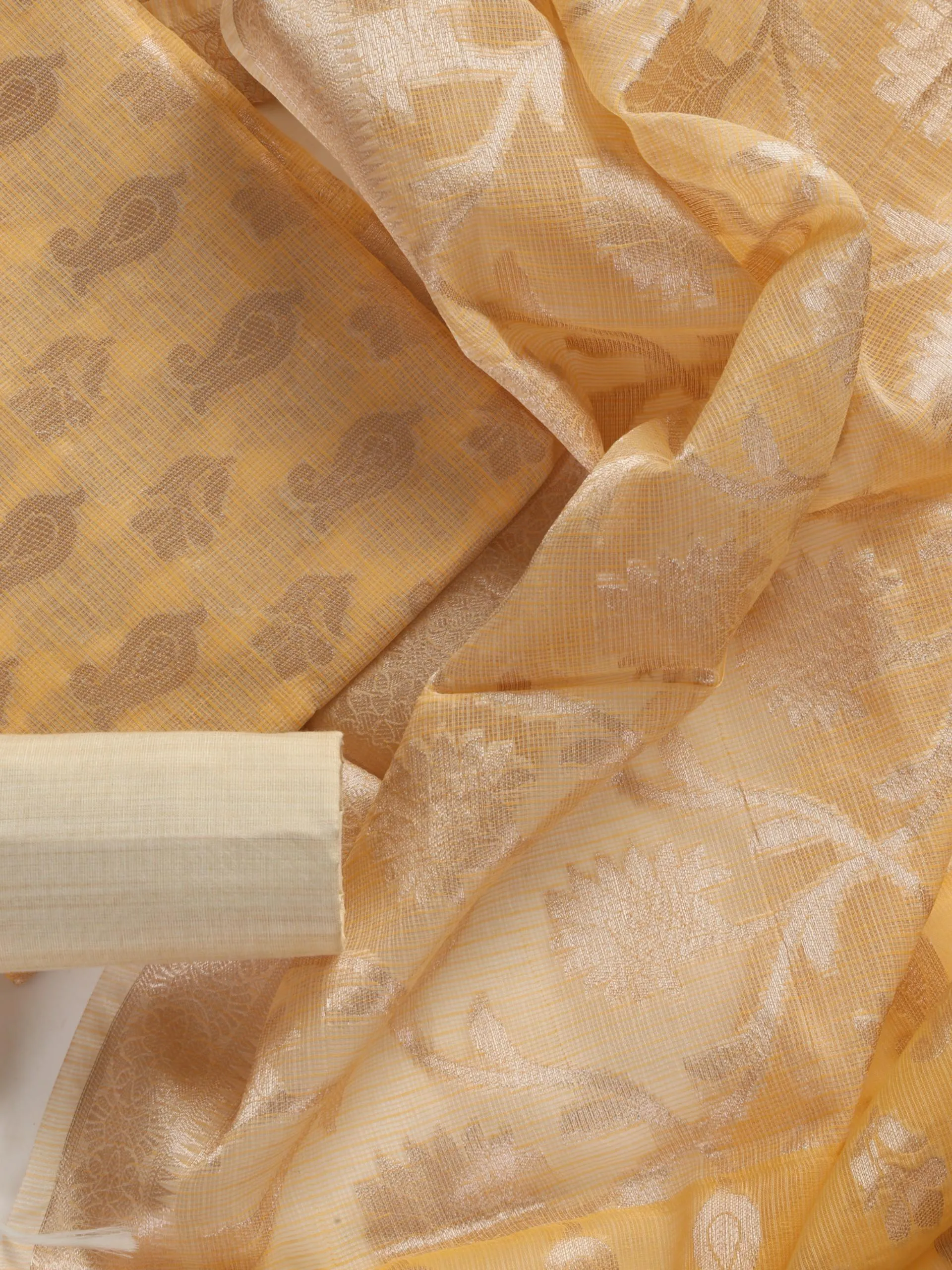 3pc Unstitched SET -Yellow Cream Kota Chanderi Jacquard Kurta with Heavy Dupatta and Silk Pyjama