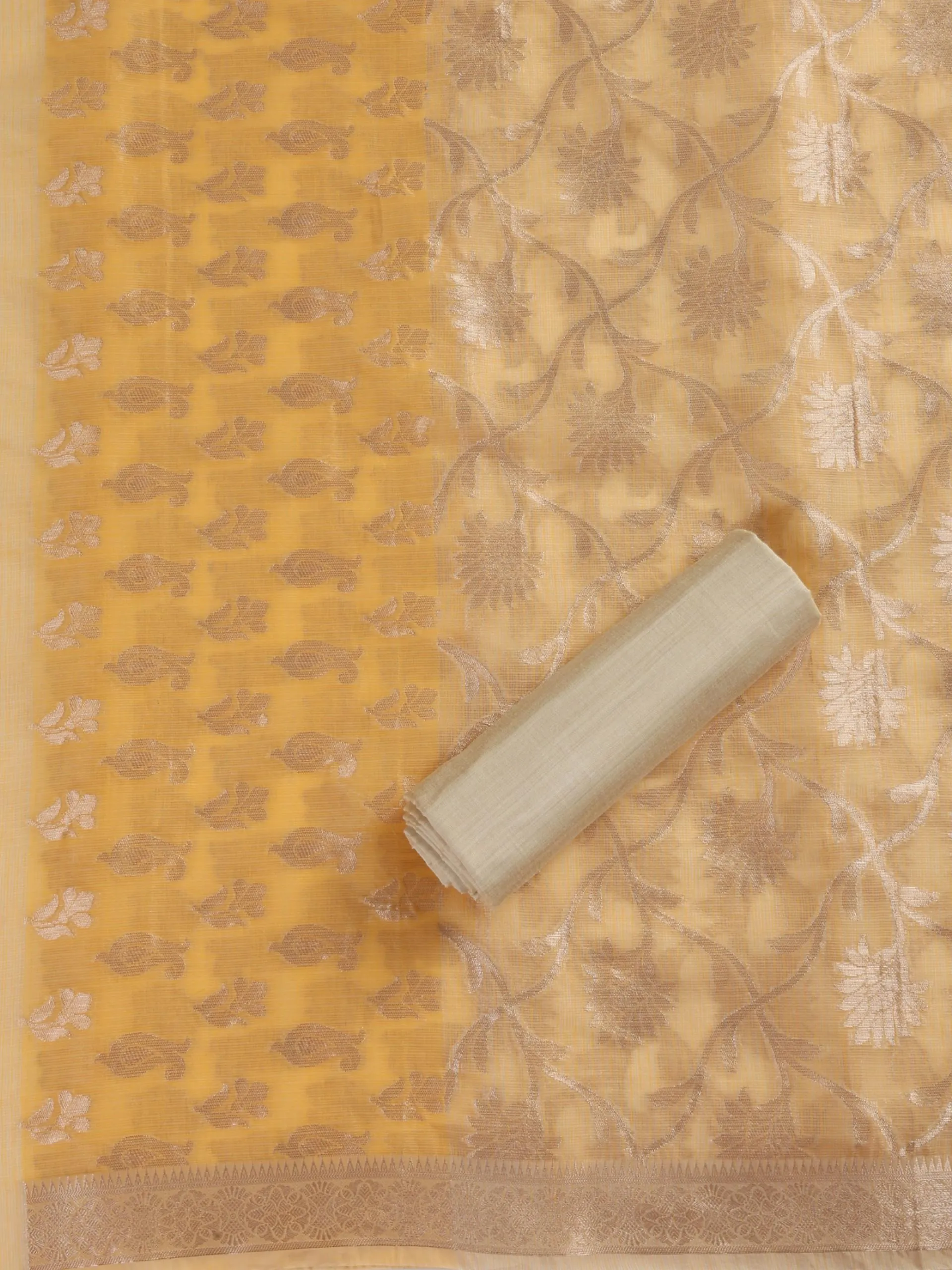3pc Unstitched SET -Yellow Cream Kota Chanderi Jacquard Kurta with Heavy Dupatta and Silk Pyjama