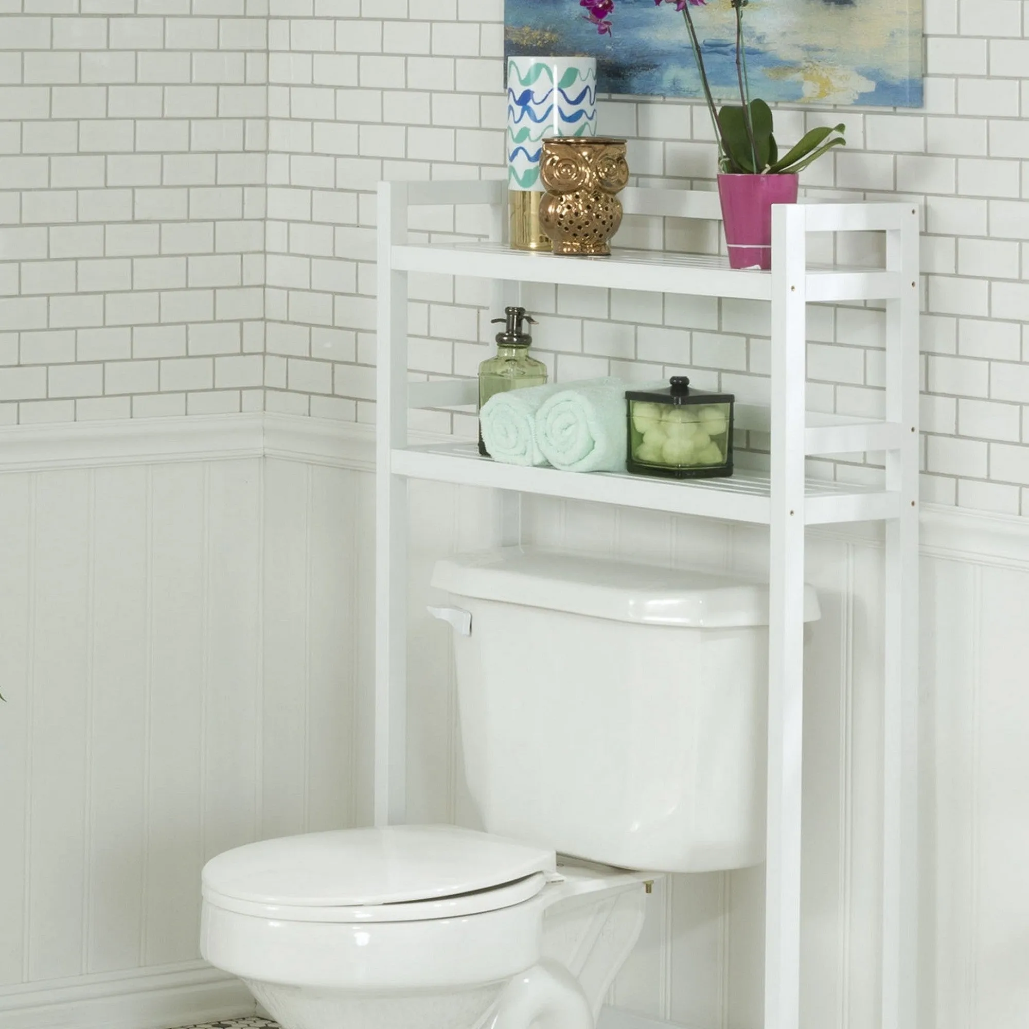 48" White Finish 2 Tier Solid Wood Over Toilet Organizer
