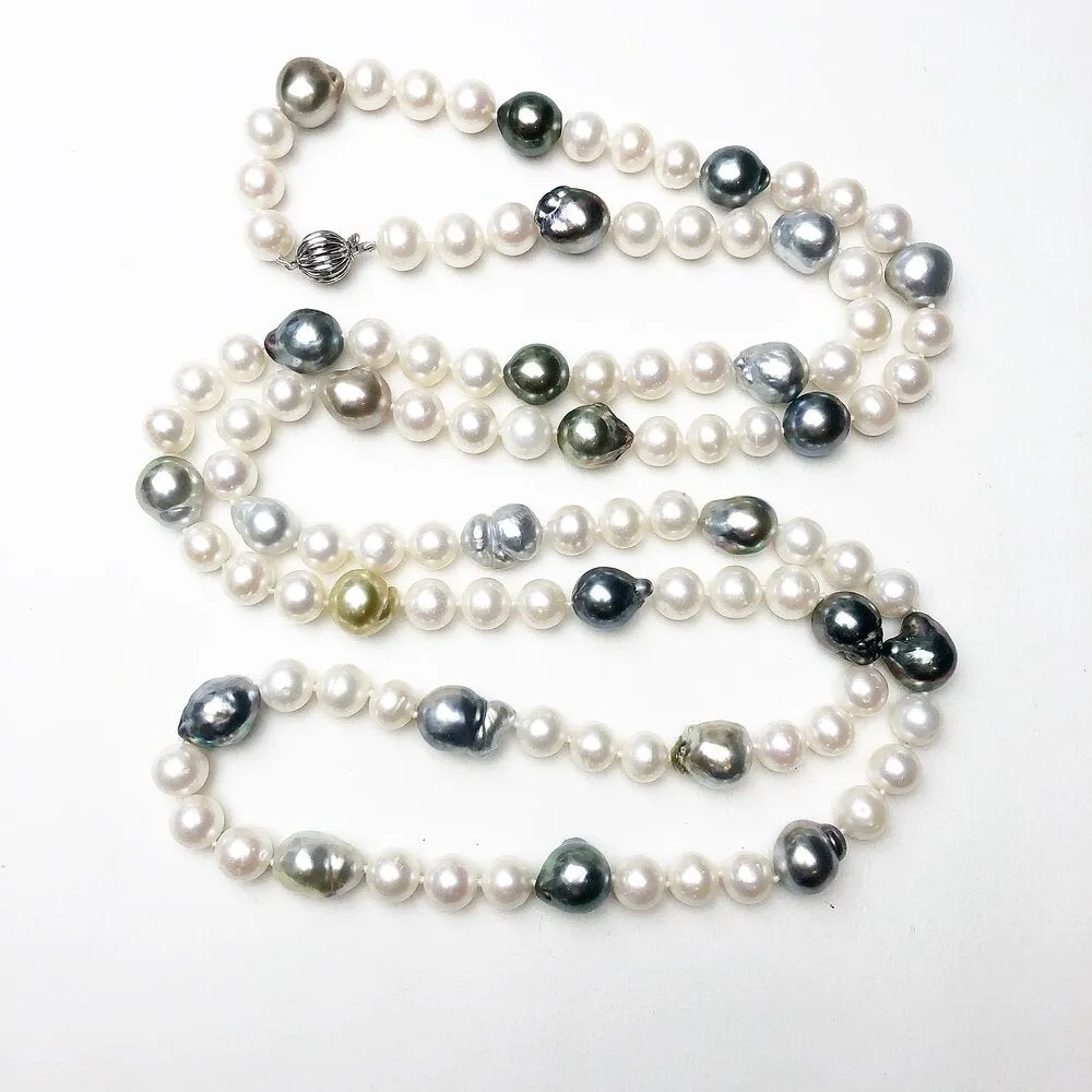 50" of Tahitian Baroque and Freshwater White Pearls