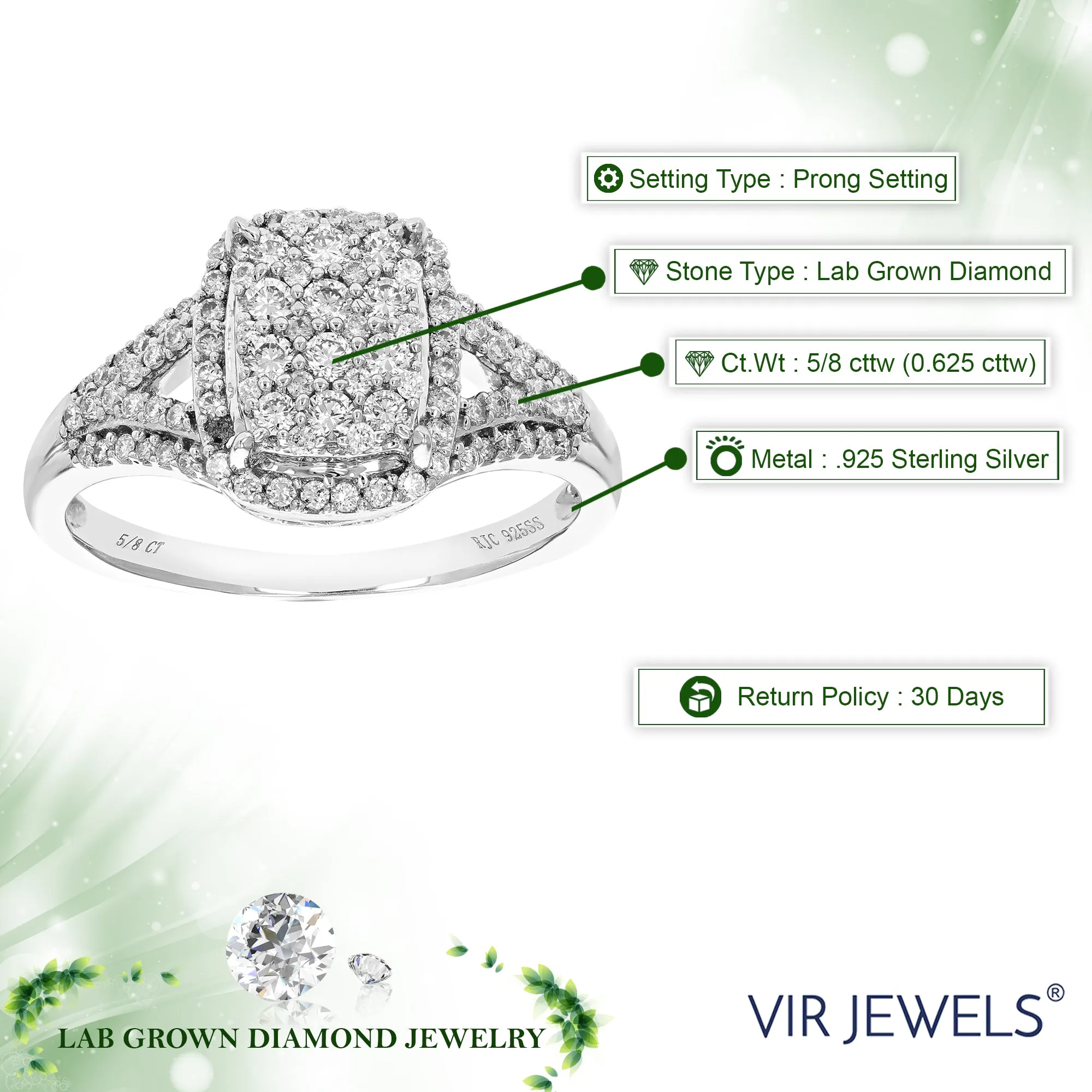 5/8 cttw Lab Grown Diamond Emerald Engagement Rings in Silver