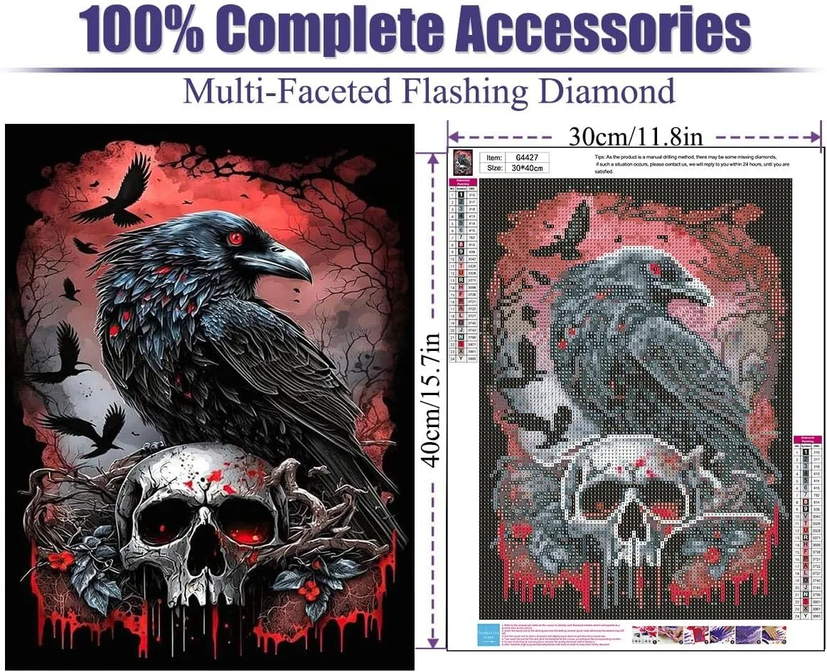 5D Crow Diamond Painting for Beginner, DIY Full Drill Skull Diamond Art Kits for Home Wall Decor 12 x 16 Inch
