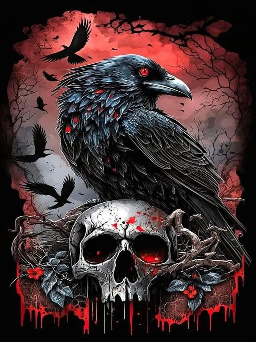 5D Crow Diamond Painting for Beginner, DIY Full Drill Skull Diamond Art Kits for Home Wall Decor 12 x 16 Inch