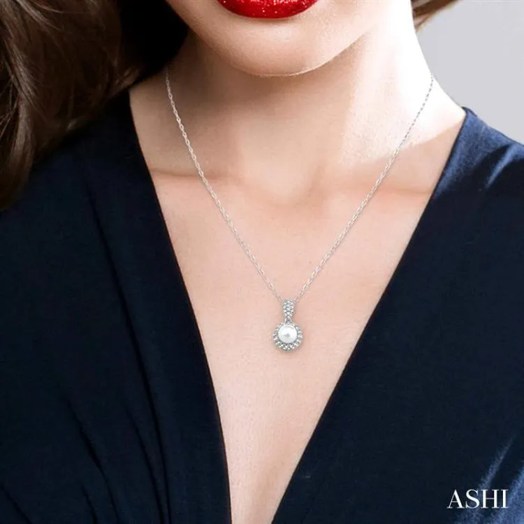 6.5 mm Cultured Pearl and 1/4 Ctw Single Cut Diamond Pendant in 14K White Gold with Chain
