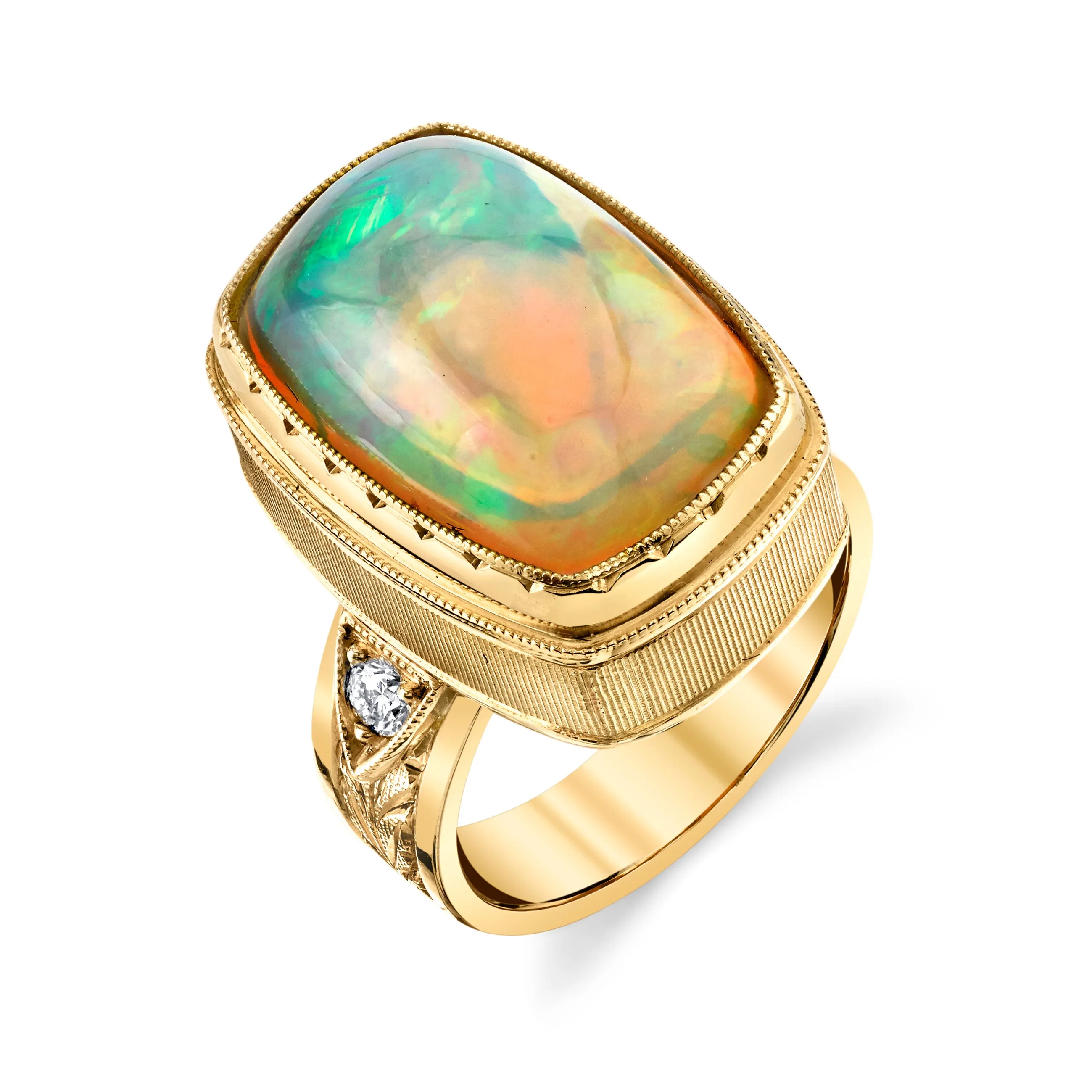 9.62 Carat Cushion Opal, Diamond, Yellow Gold Bezel Dome Band Cocktail Ring