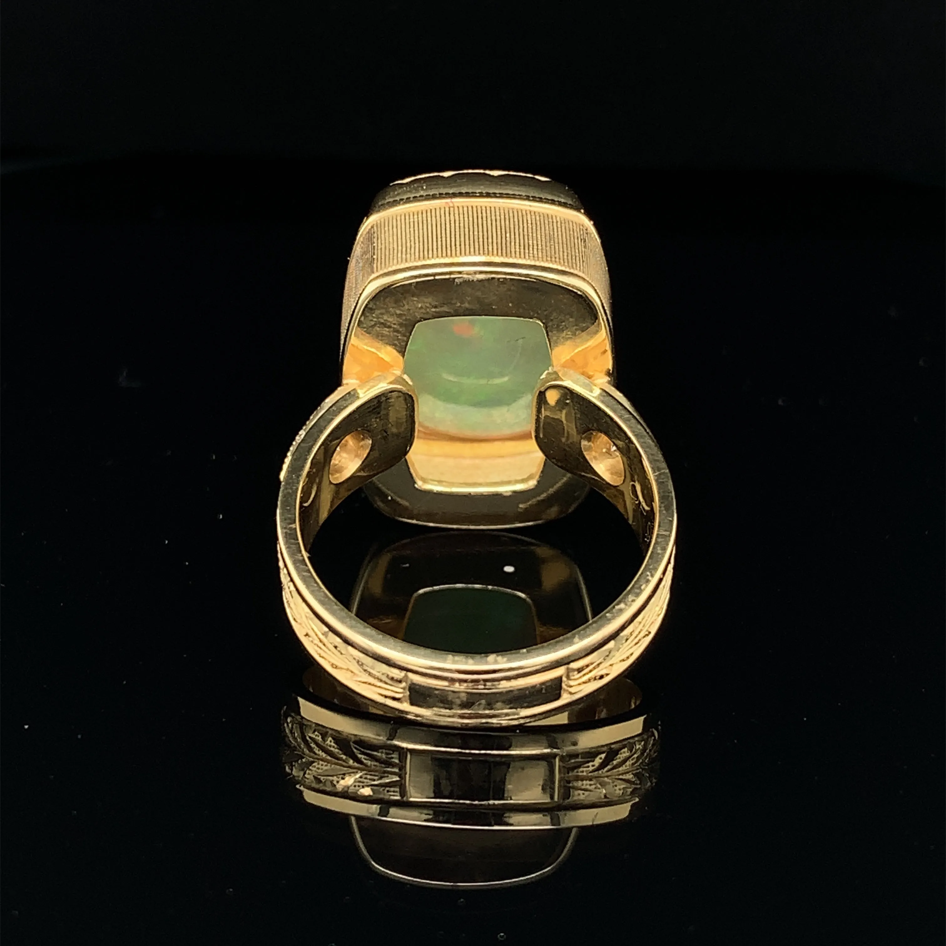 9.62 Carat Cushion Opal, Diamond, Yellow Gold Bezel Dome Band Cocktail Ring