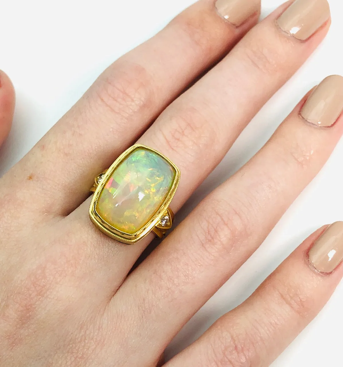 9.62 Carat Cushion Opal, Diamond, Yellow Gold Bezel Dome Band Cocktail Ring