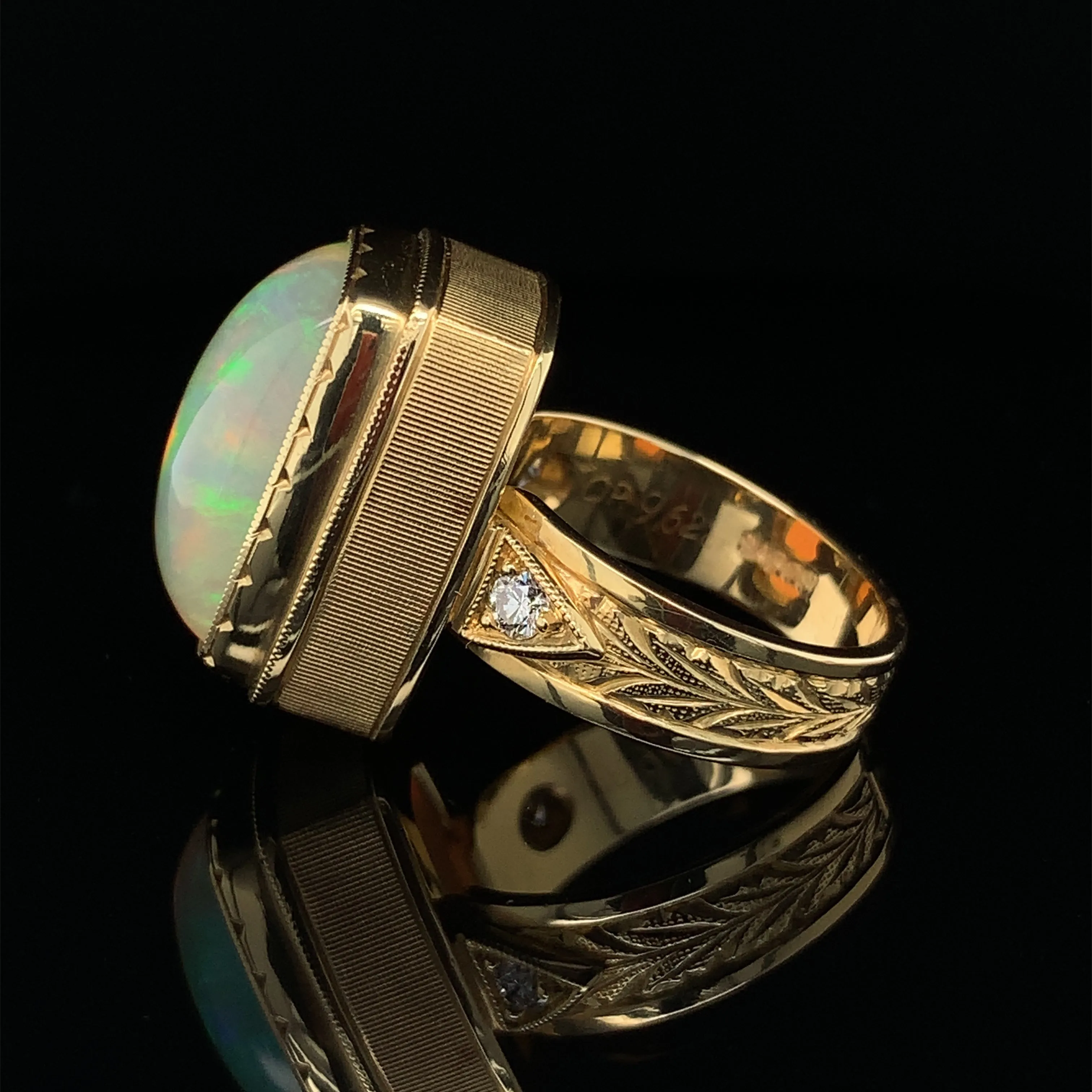 9.62 Carat Cushion Opal, Diamond, Yellow Gold Bezel Dome Band Cocktail Ring