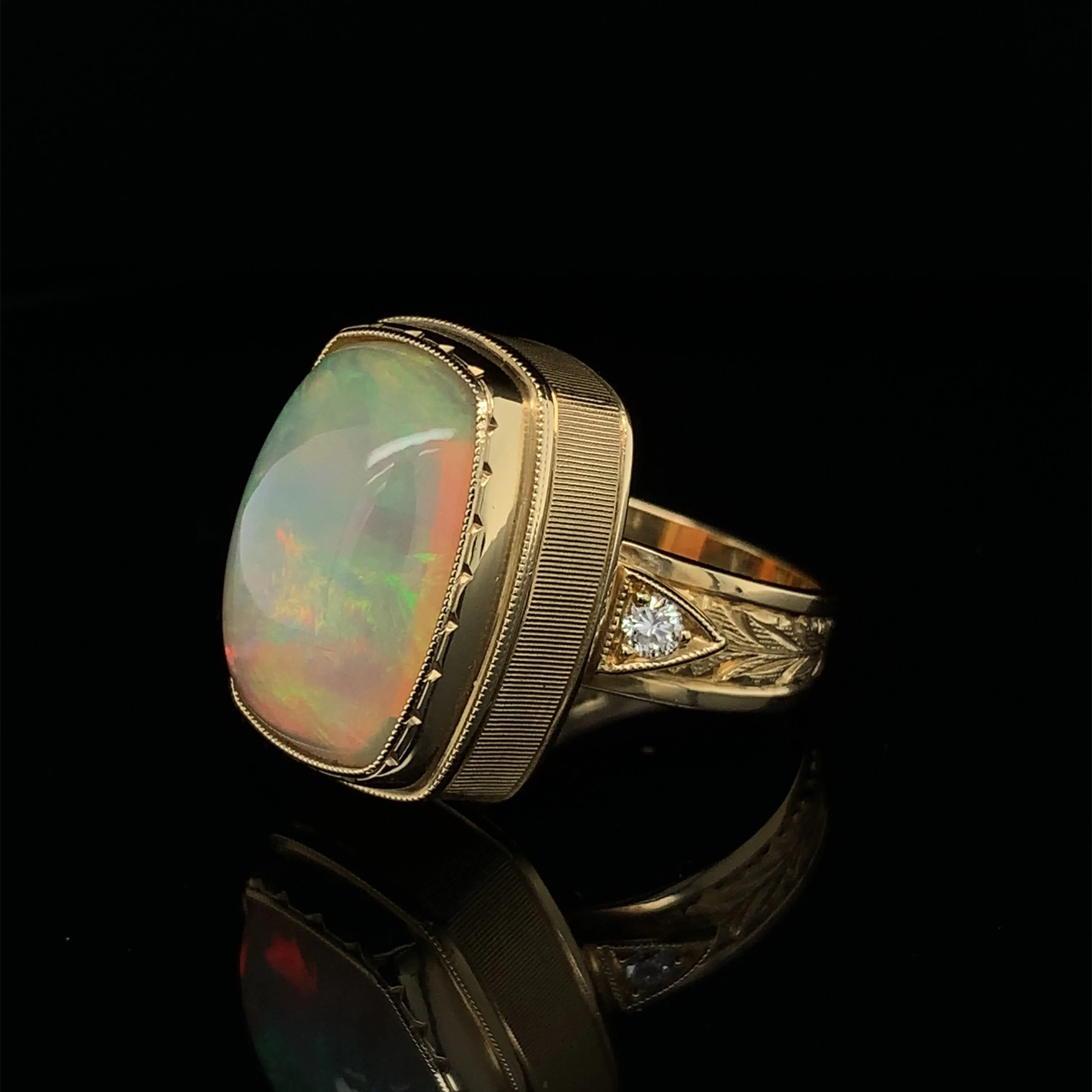 9.62 Carat Cushion Opal, Diamond, Yellow Gold Bezel Dome Band Cocktail Ring