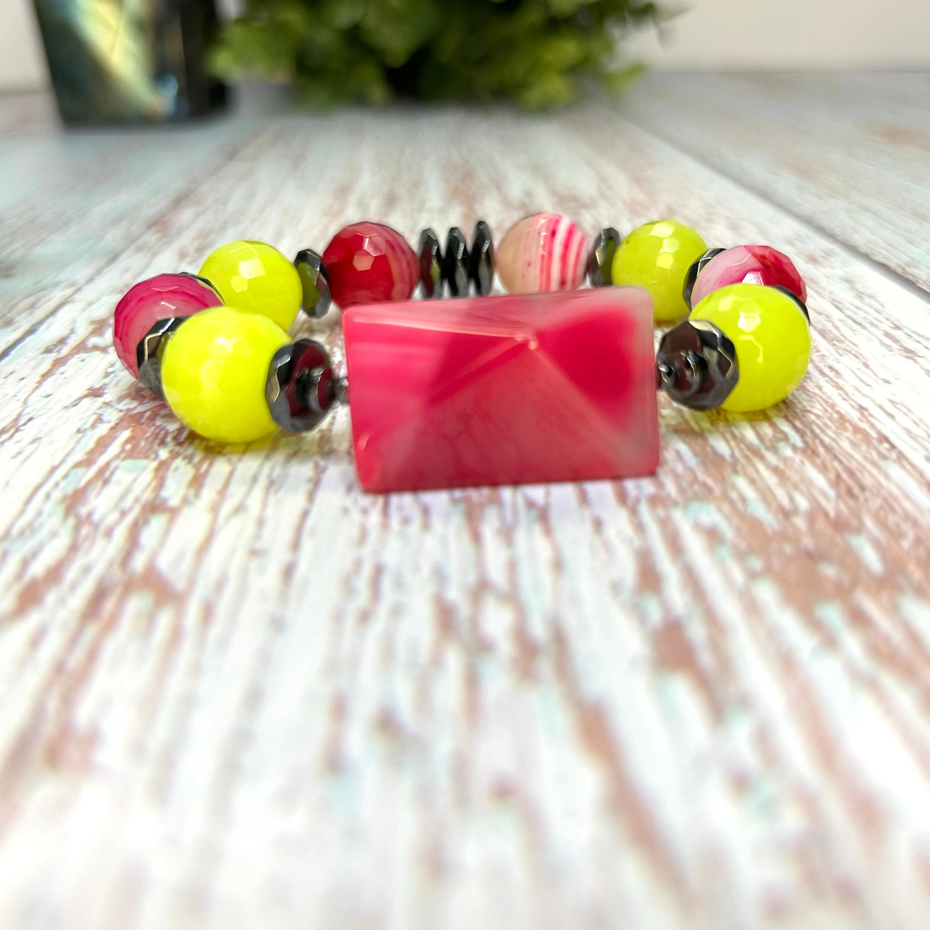 Agate and Hematite 3 piece Bracelet Set- Neon