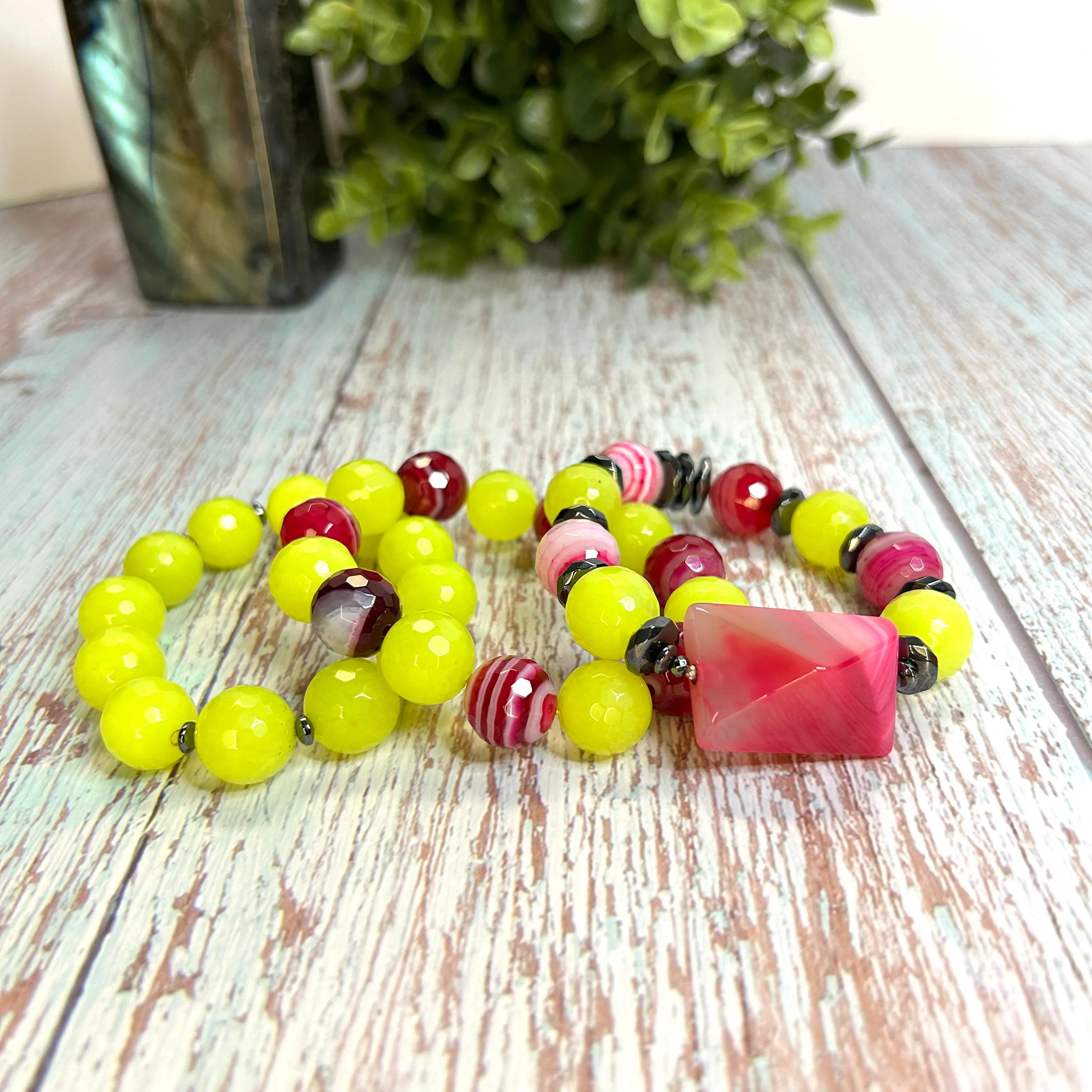 Agate and Hematite 3 piece Bracelet Set- Neon