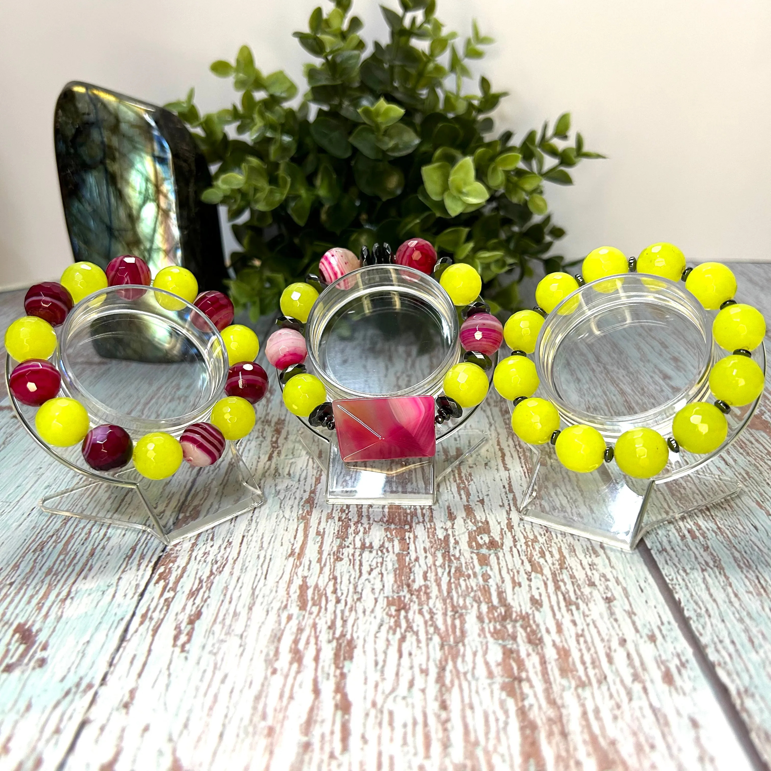 Agate and Hematite 3 piece Bracelet Set- Neon