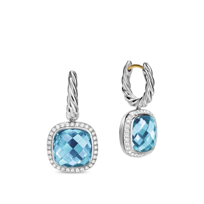 Albion Drop Earrings in Sterling Silver with Blue Topaz and Diamonds, 10mm