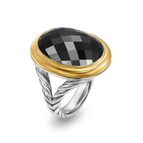 Albion Oval Ring in Sterling Silver with 18K Yellow Gold and Black Onyx, Size 7