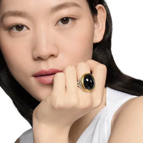 Albion Oval Ring in Sterling Silver with 18K Yellow Gold and Black Onyx, Size 7