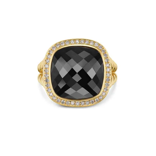 Albion Ring in 18K Yellow Gold with Black Onyx and Diamonds, 15mm, Size 7