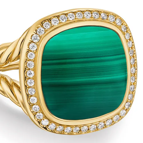 Albion Ring in 18K Yellow Gold with Malachite and Diamonds, 15mm, Size 7