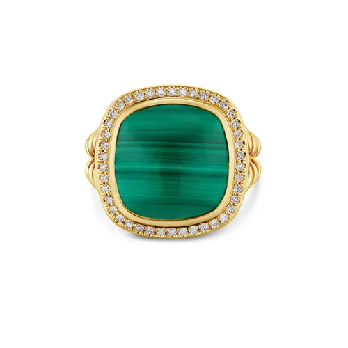 Albion Ring in 18K Yellow Gold with Malachite and Diamonds, 15mm, Size 7