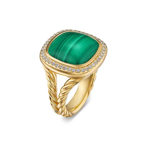 Albion Ring in 18K Yellow Gold with Malachite and Diamonds, 15mm, Size 7