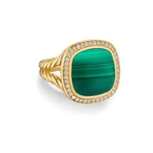 Albion Ring in 18K Yellow Gold with Malachite and Diamonds, 15mm, Size 7
