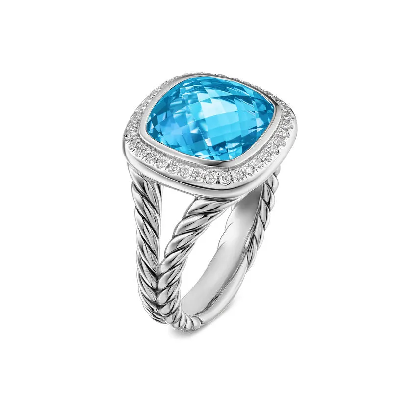 Albion Ring in Sterling Silver with Blue Topaz and Diamonds, 11mm, Size 7