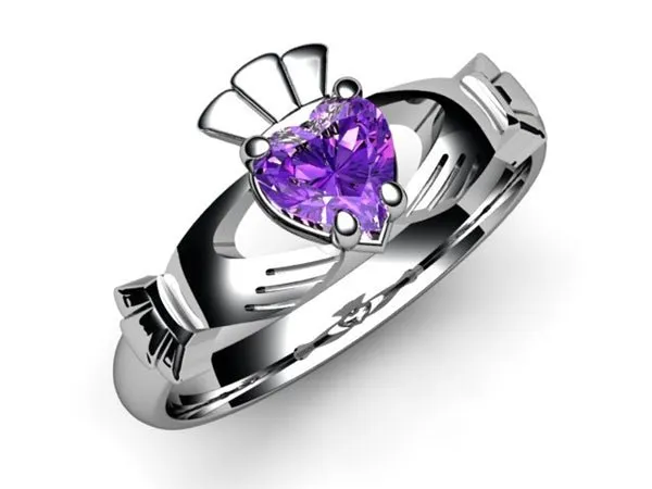 Amethyst 14K WHITE Gold Claddagh Ring <font color="#FF0000"> IN STOCK!  Ships in 48 Hours!</font>