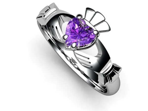 Amethyst 14K WHITE Gold Claddagh Ring <font color="#FF0000"> IN STOCK!  Ships in 48 Hours!</font>