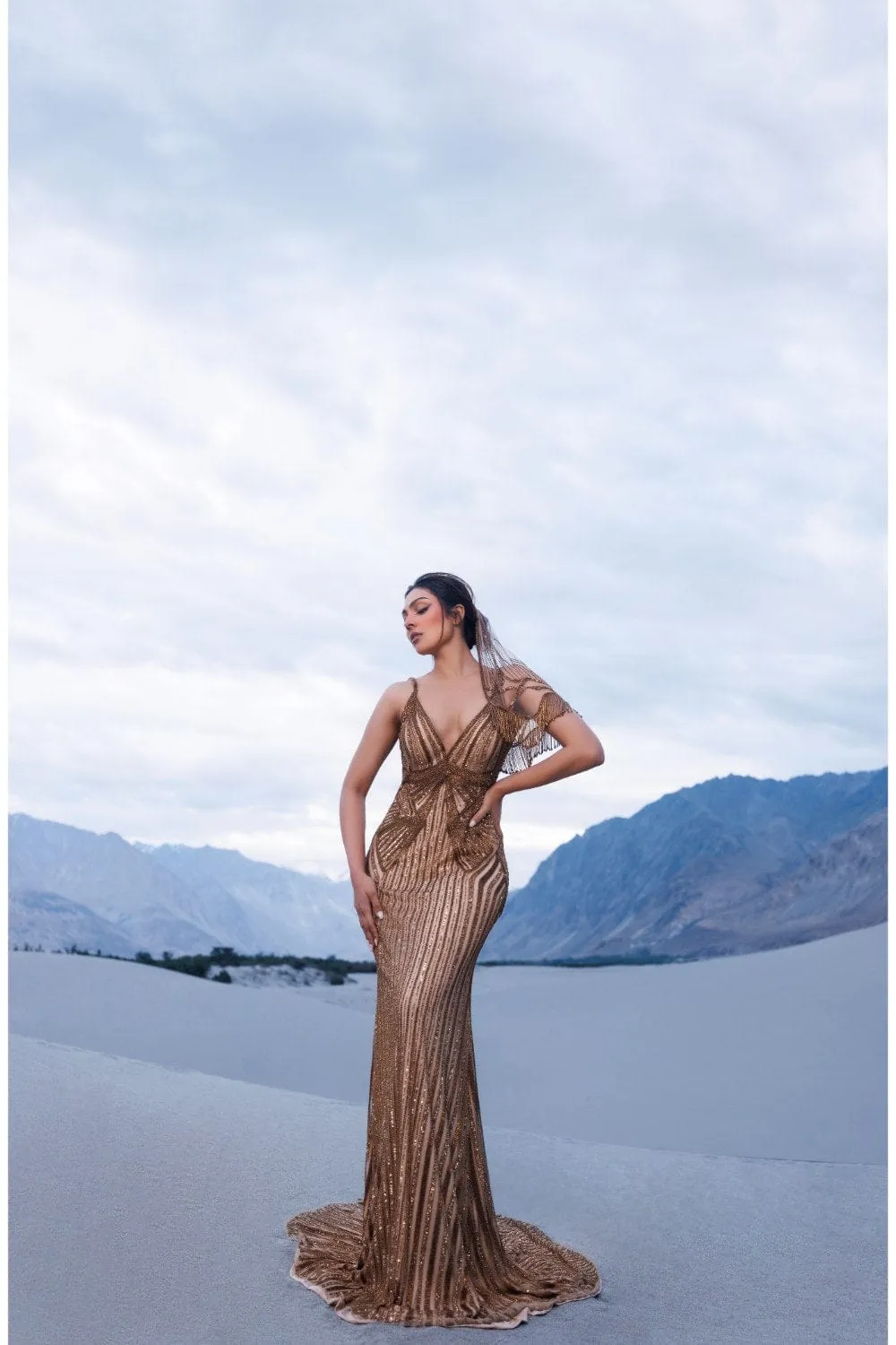 Antique Gold Sheath Fit Gown