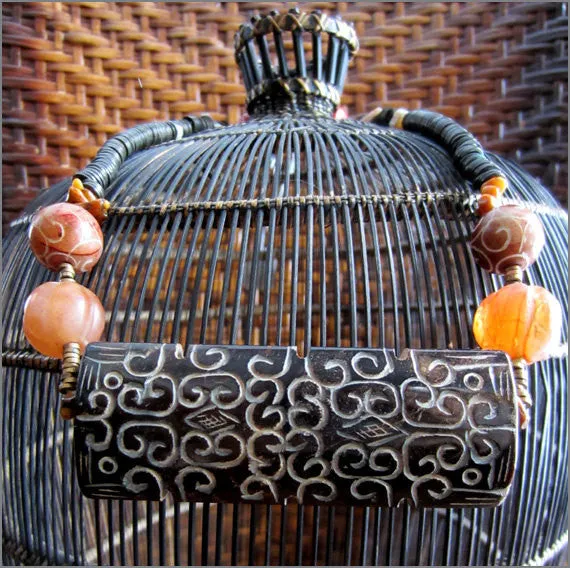 Antique Tribal Silver and Carved Jade Statement Necklace