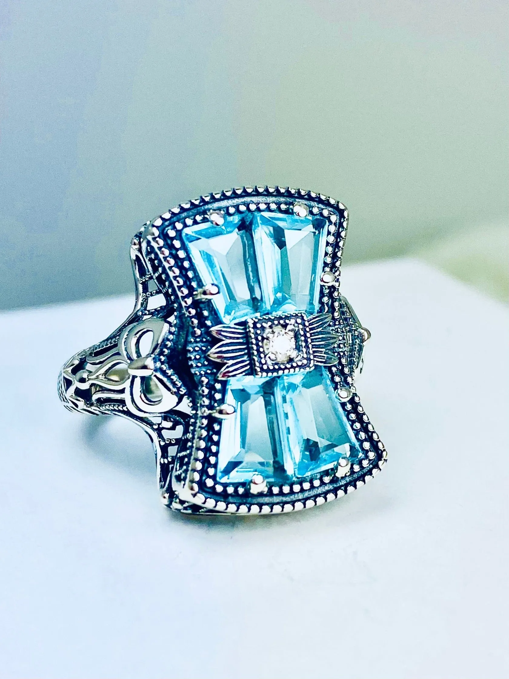 Aquamarine Ring, Size 9, Versailles Sterling Silver Bow & Baguette CZ Ring, Baroque Jewelry D595 - Ready to ship