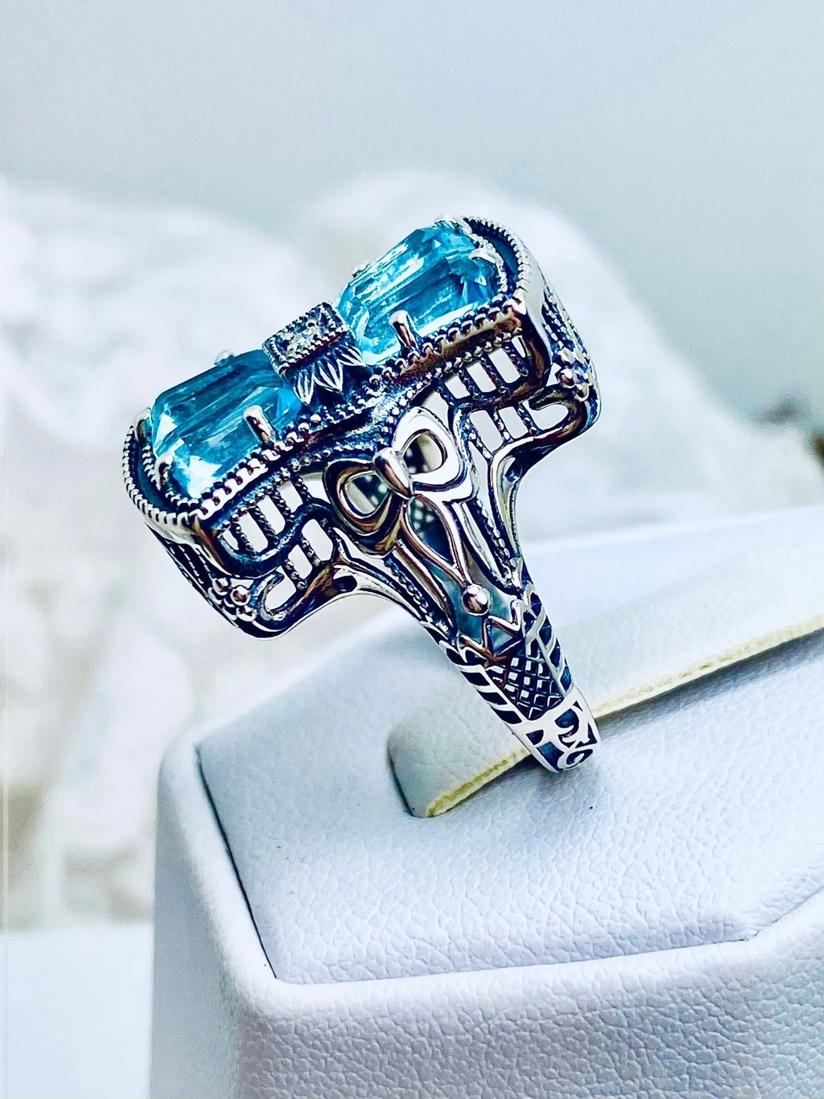 Aquamarine Ring, Size 9, Versailles Sterling Silver Bow & Baguette CZ Ring, Baroque Jewelry D595 - Ready to ship