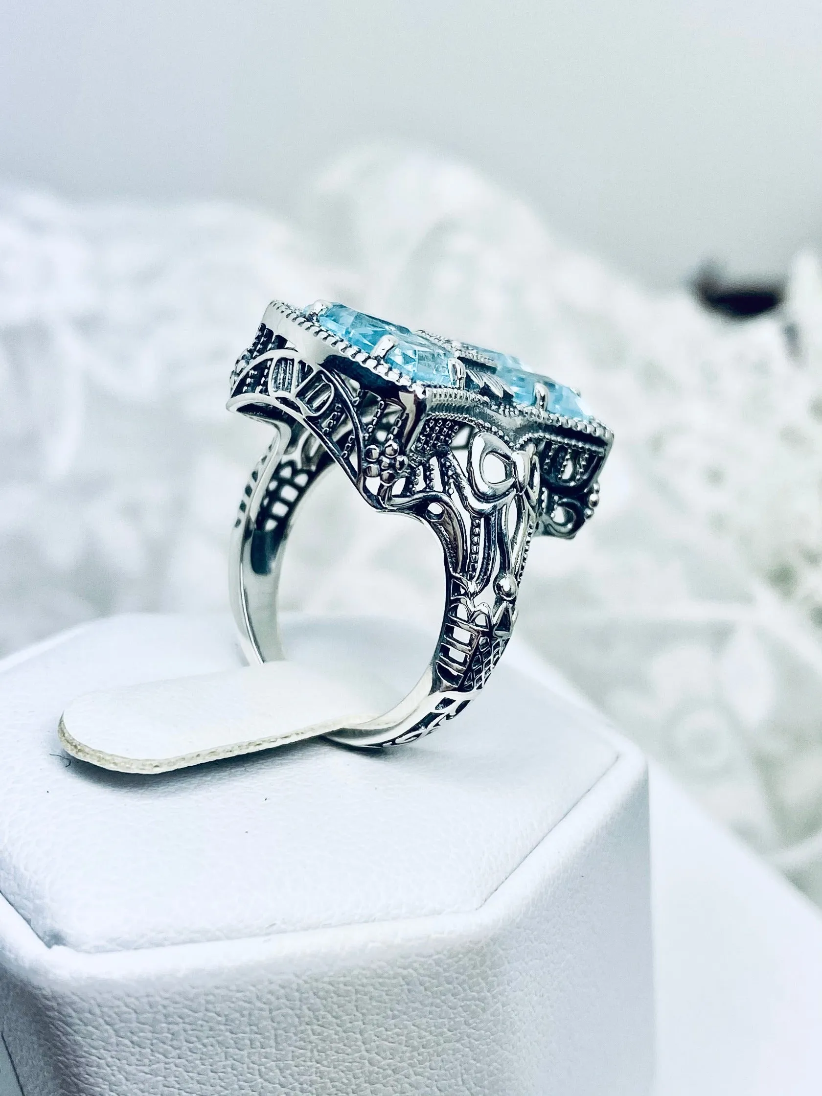 Aquamarine Ring, Size 9, Versailles Sterling Silver Bow & Baguette CZ Ring, Baroque Jewelry D595 - Ready to ship