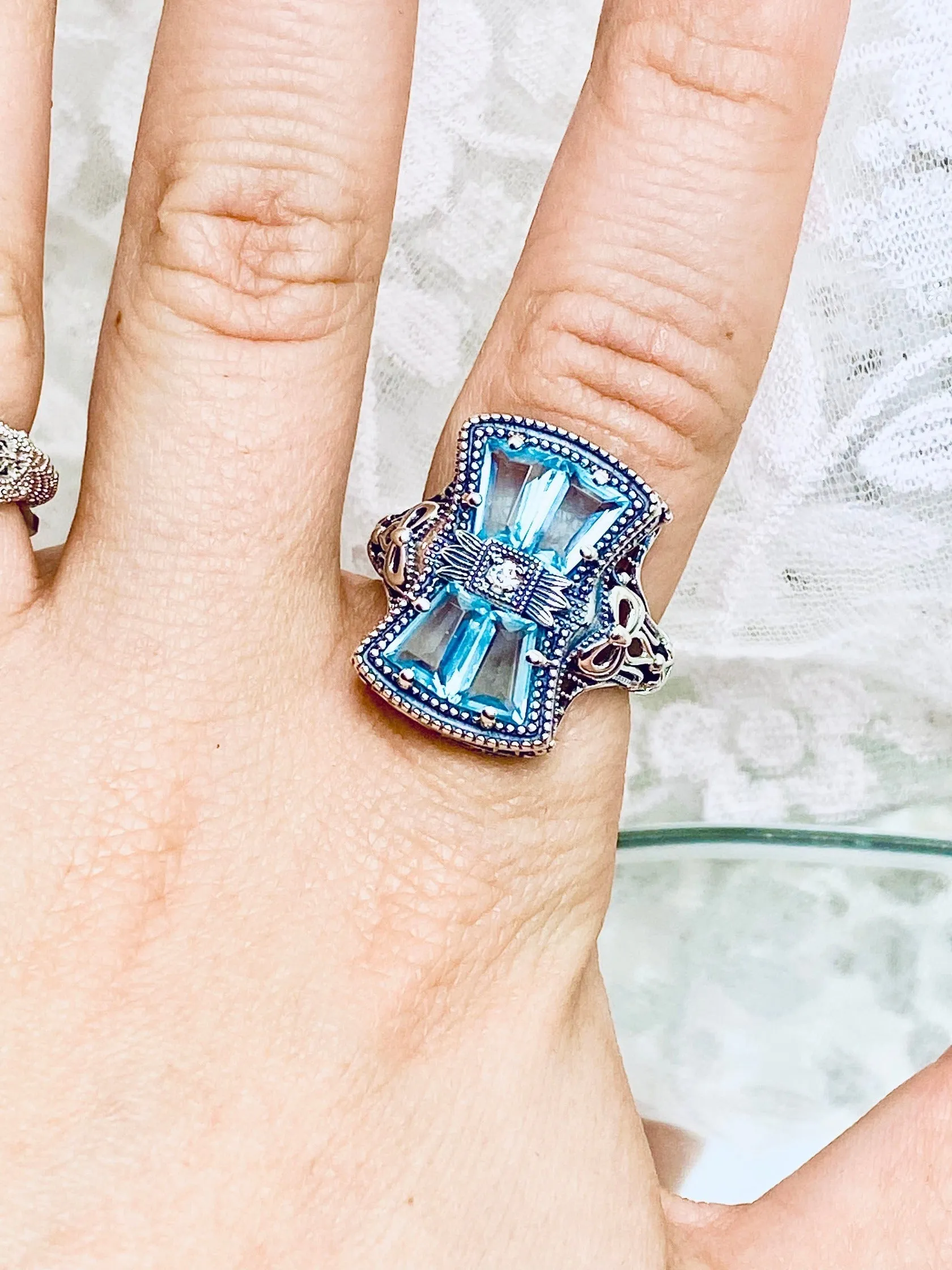 Aquamarine Ring, Size 9, Versailles Sterling Silver Bow & Baguette CZ Ring, Baroque Jewelry D595 - Ready to ship