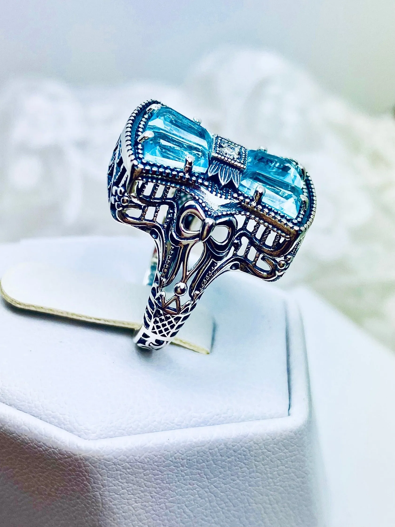 Aquamarine Ring, Size 9, Versailles Sterling Silver Bow & Baguette CZ Ring, Baroque Jewelry D595 - Ready to ship