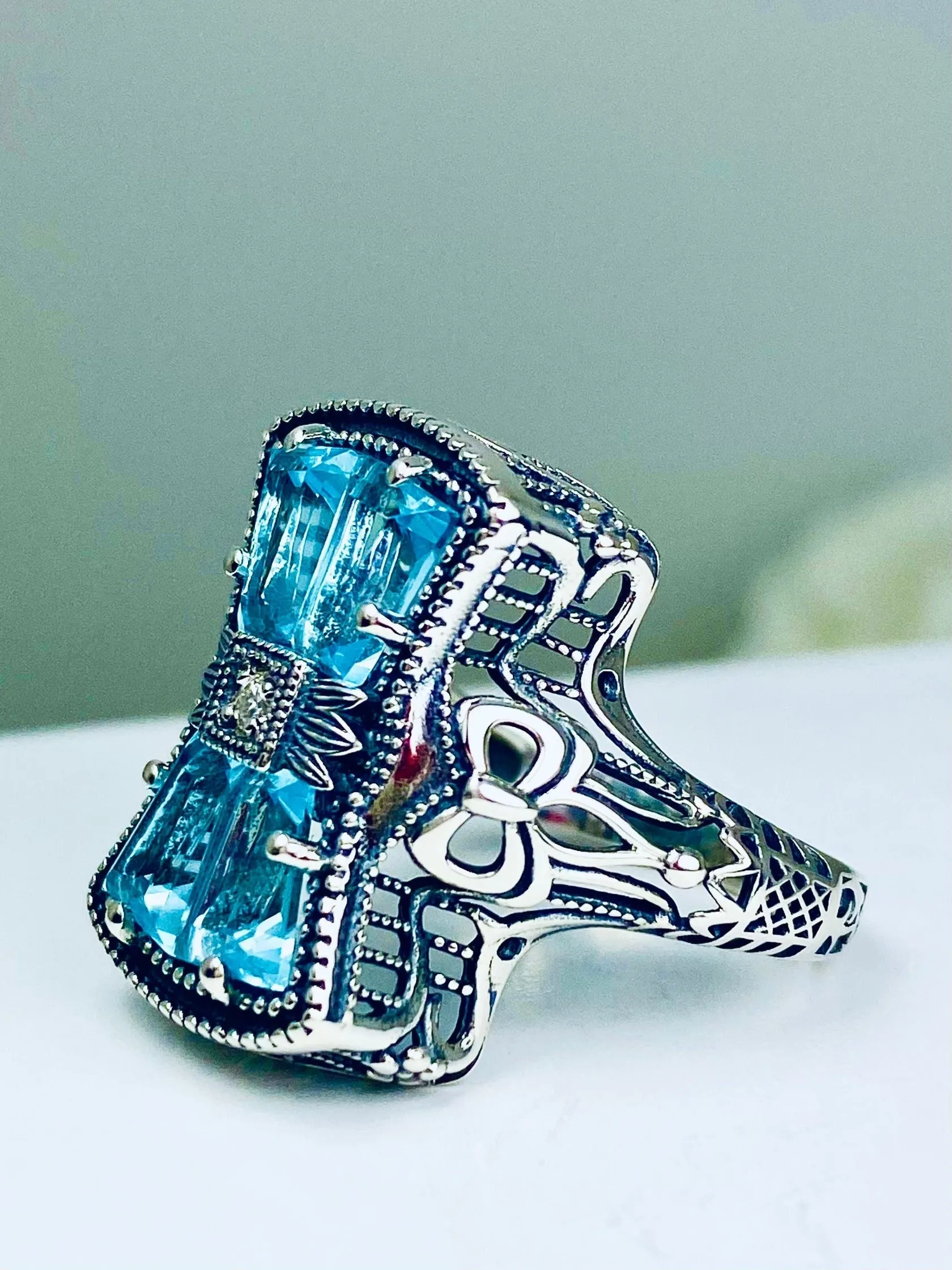 Aquamarine Ring, Size 9, Versailles Sterling Silver Bow & Baguette CZ Ring, Baroque Jewelry D595 - Ready to ship