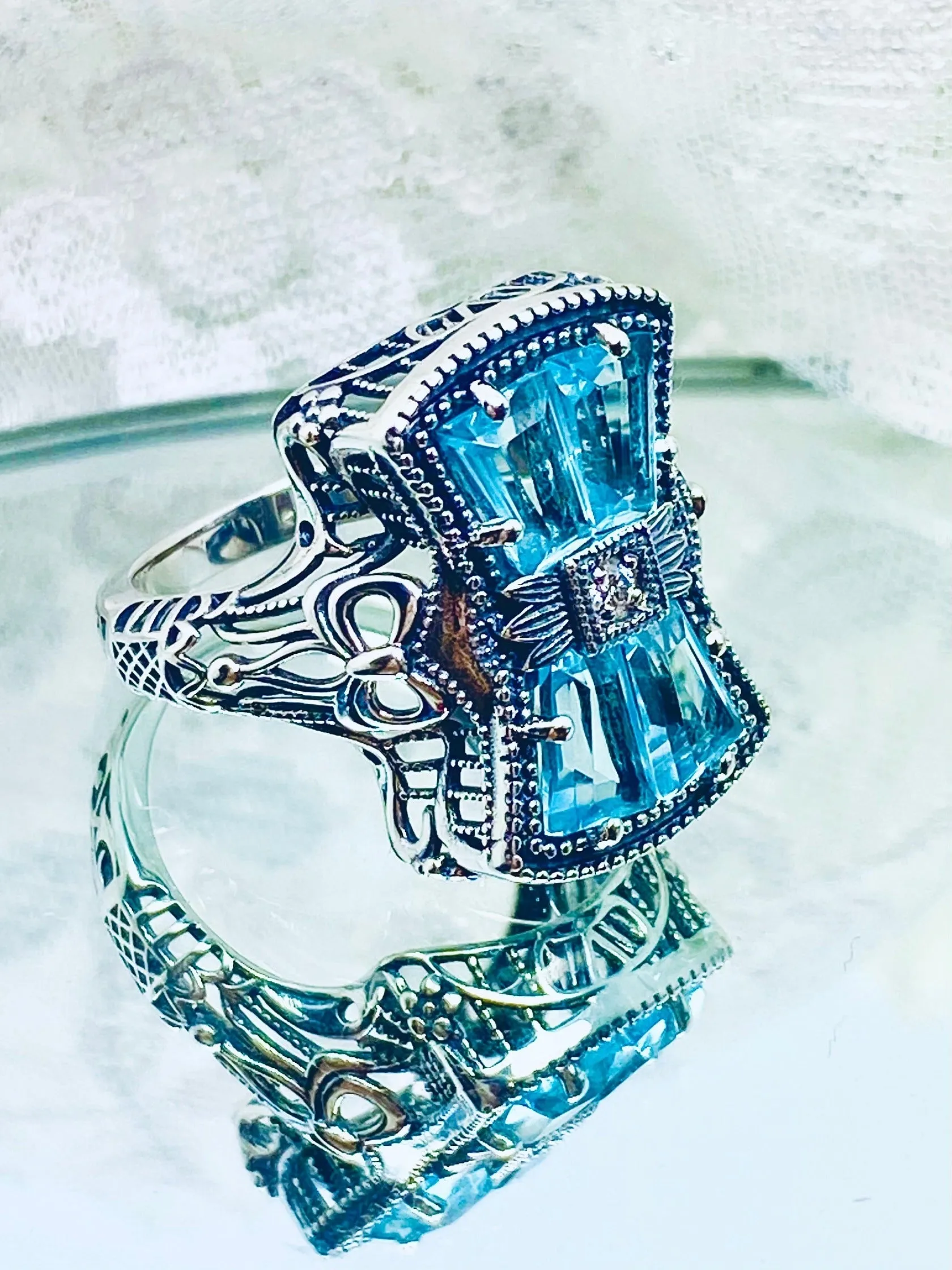 Aquamarine Ring, Size 9, Versailles Sterling Silver Bow & Baguette CZ Ring, Baroque Jewelry D595 - Ready to ship
