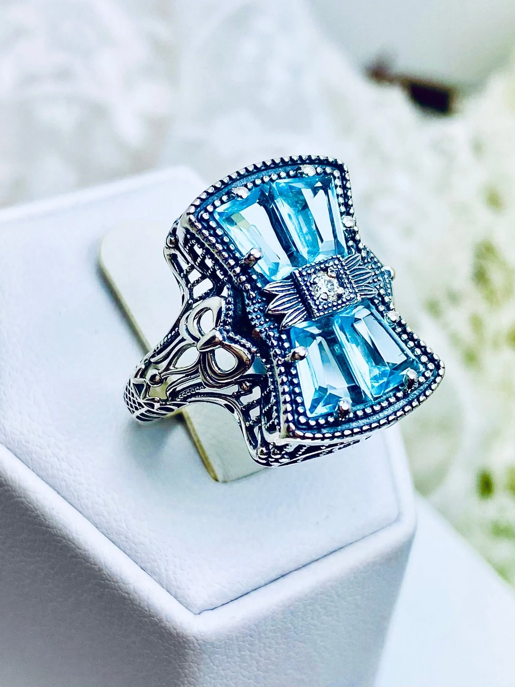 Aquamarine Ring, Size 9, Versailles Sterling Silver Bow & Baguette CZ Ring, Baroque Jewelry D595 - Ready to ship