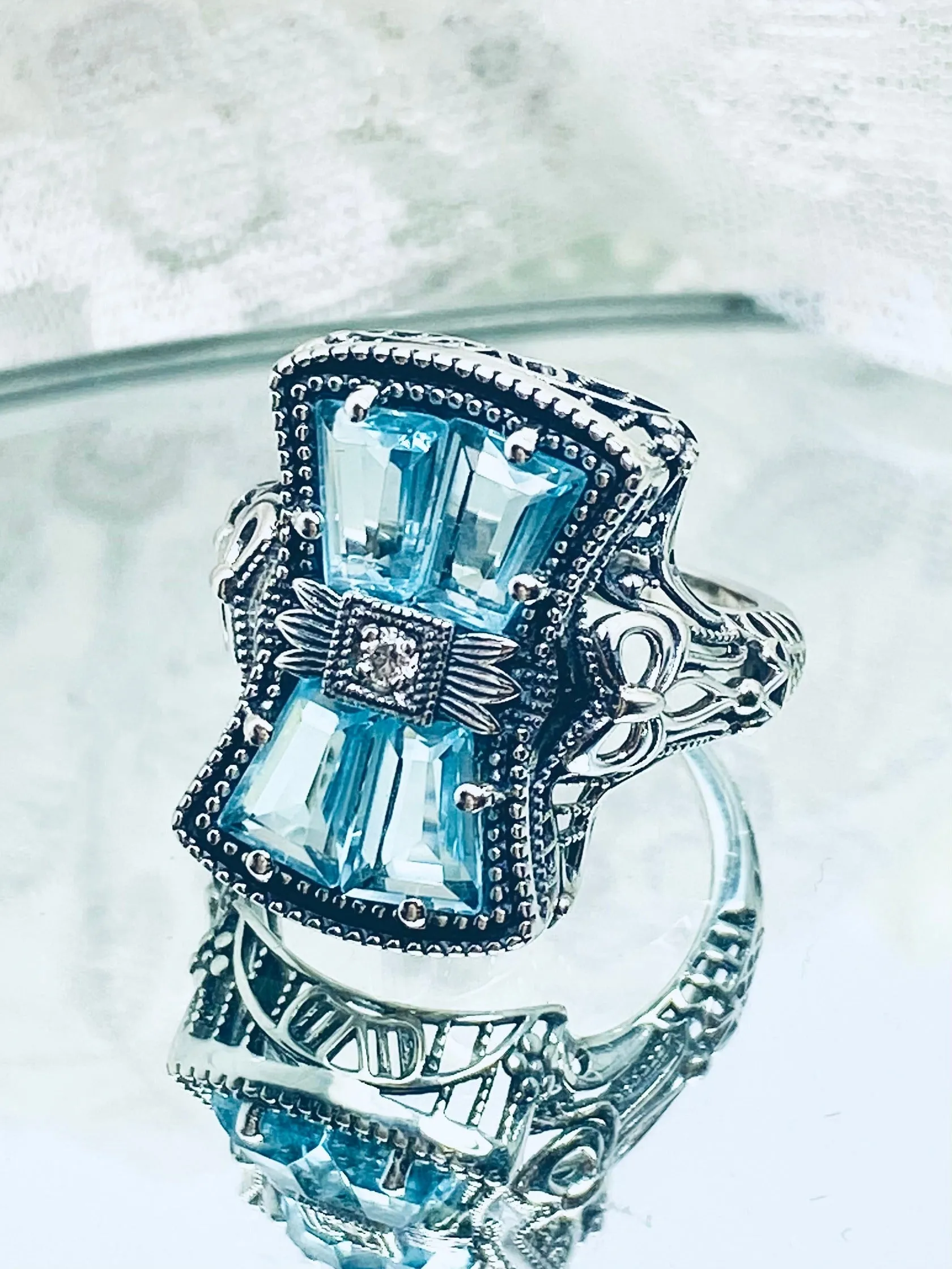 Aquamarine Ring, Size 9, Versailles Sterling Silver Bow & Baguette CZ Ring, Baroque Jewelry D595 - Ready to ship