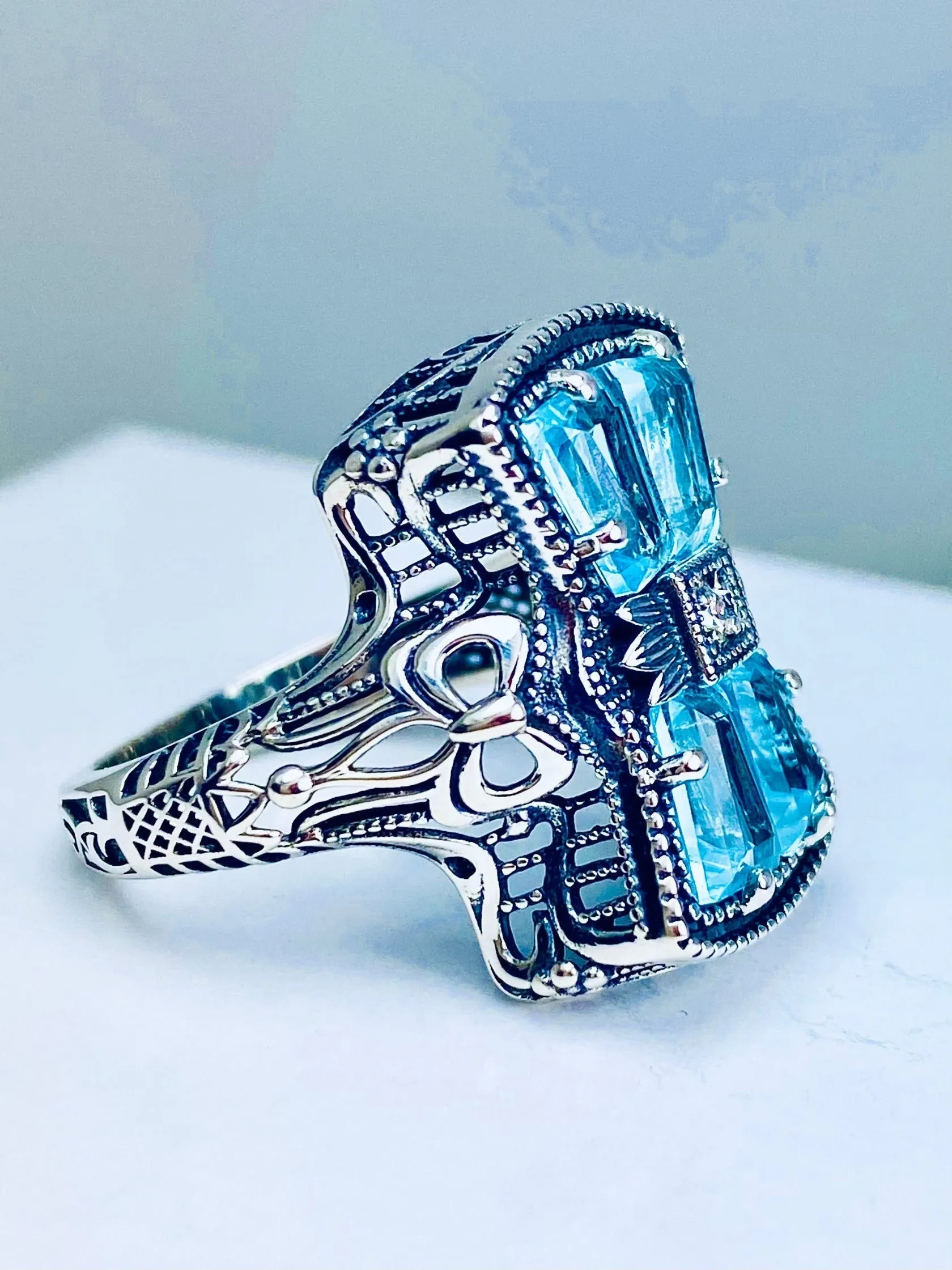 Aquamarine Ring, Size 9, Versailles Sterling Silver Bow & Baguette CZ Ring, Baroque Jewelry D595 - Ready to ship