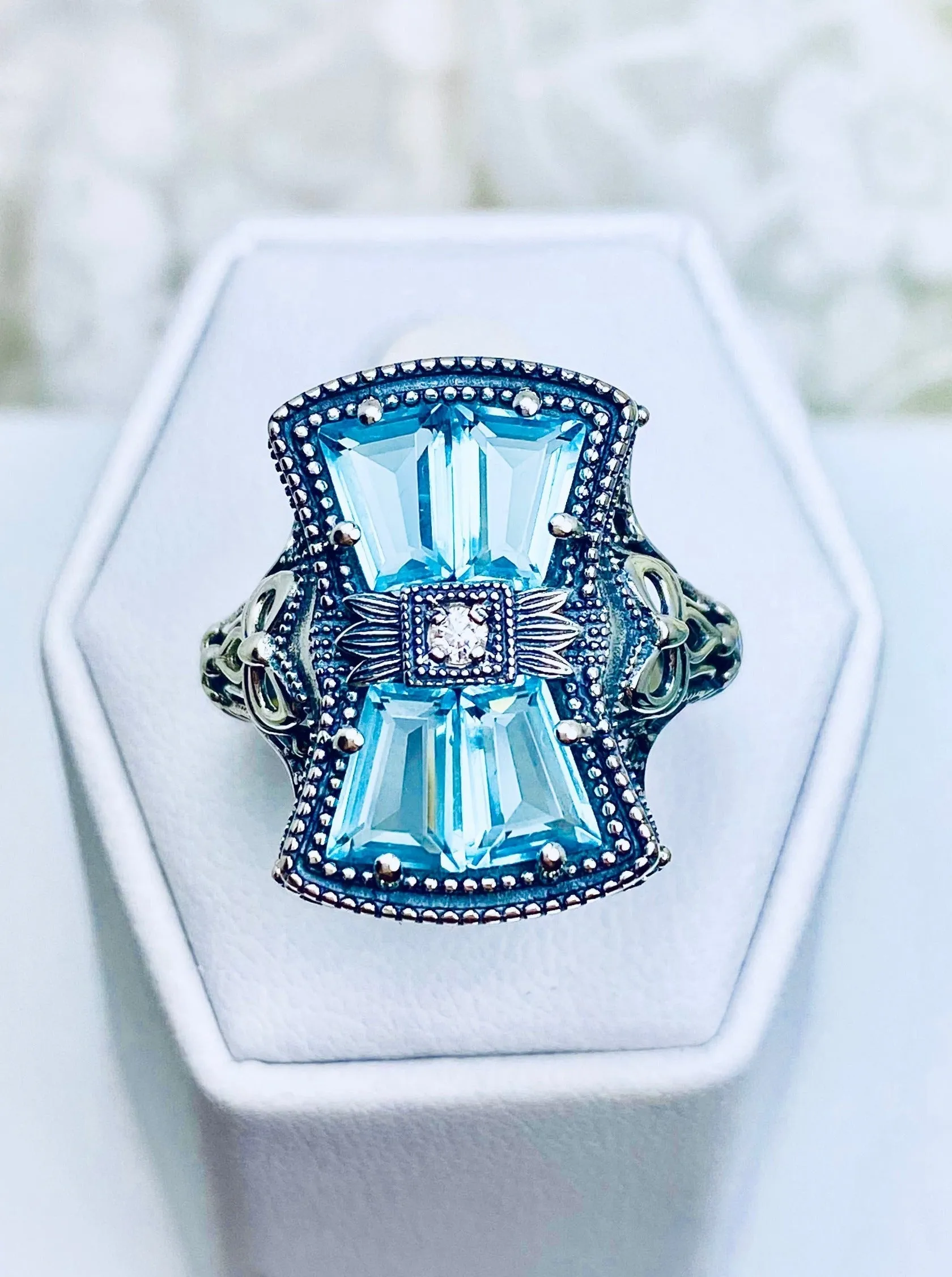 Aquamarine Ring, Size 9, Versailles Sterling Silver Bow & Baguette CZ Ring, Baroque Jewelry D595 - Ready to ship