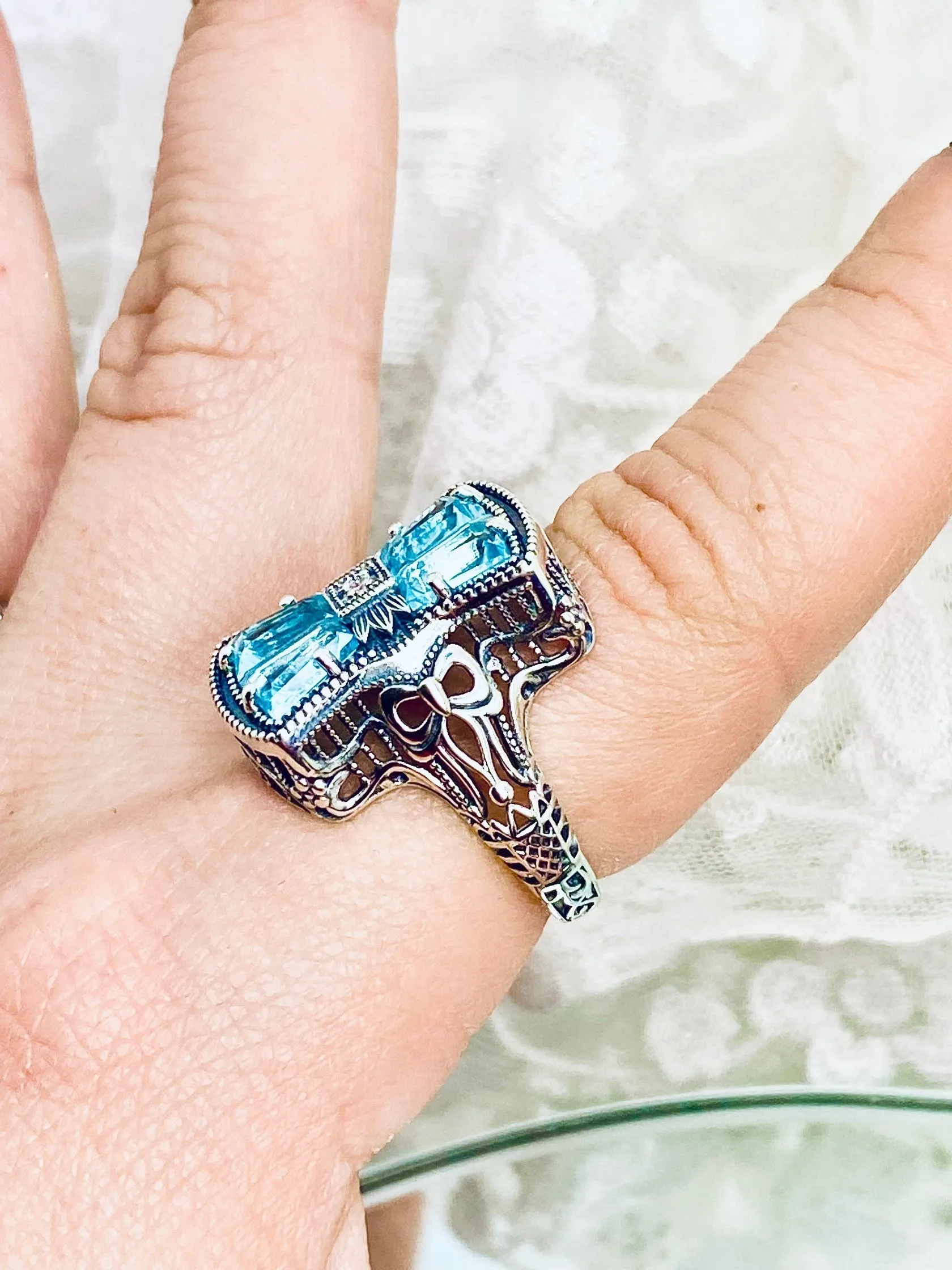 Aquamarine Ring, Size 9, Versailles Sterling Silver Bow & Baguette CZ Ring, Baroque Jewelry D595 - Ready to ship