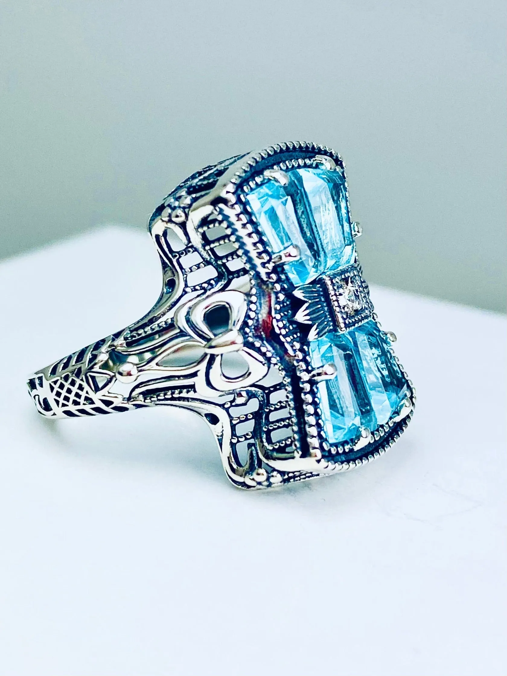 Aquamarine Ring, Size 9, Versailles Sterling Silver Bow & Baguette CZ Ring, Baroque Jewelry D595 - Ready to ship