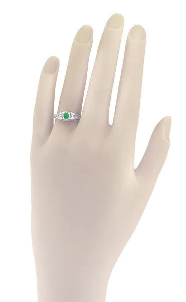 Art Deco Emerald and Diamond Low Profile Filigree Engagement Ring in 14 Karat White Gold